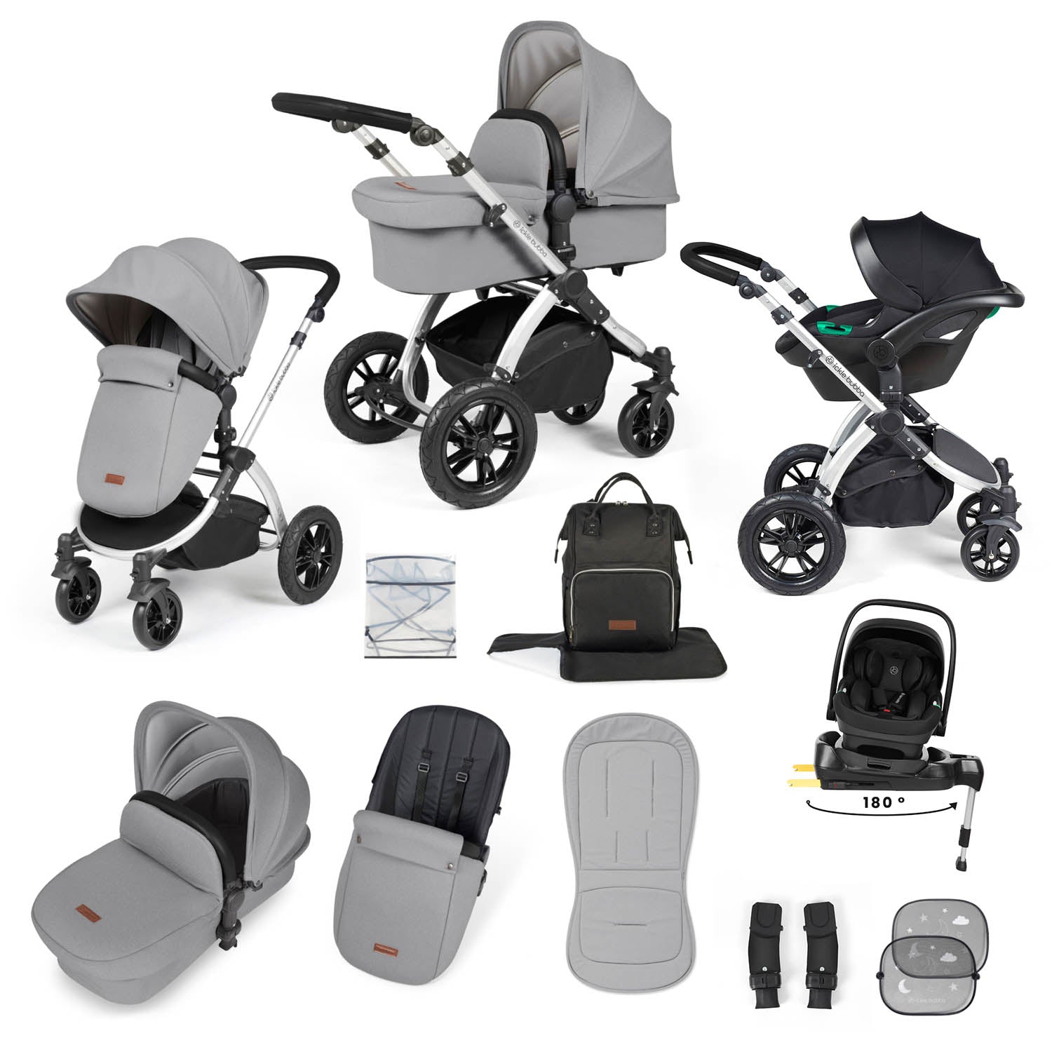 Ickle Bubba Stomp Luxe 12 Piece Travel System with i-Size Nimbus Car Seat & Spin Base - Silver/Pearl Grey/Black