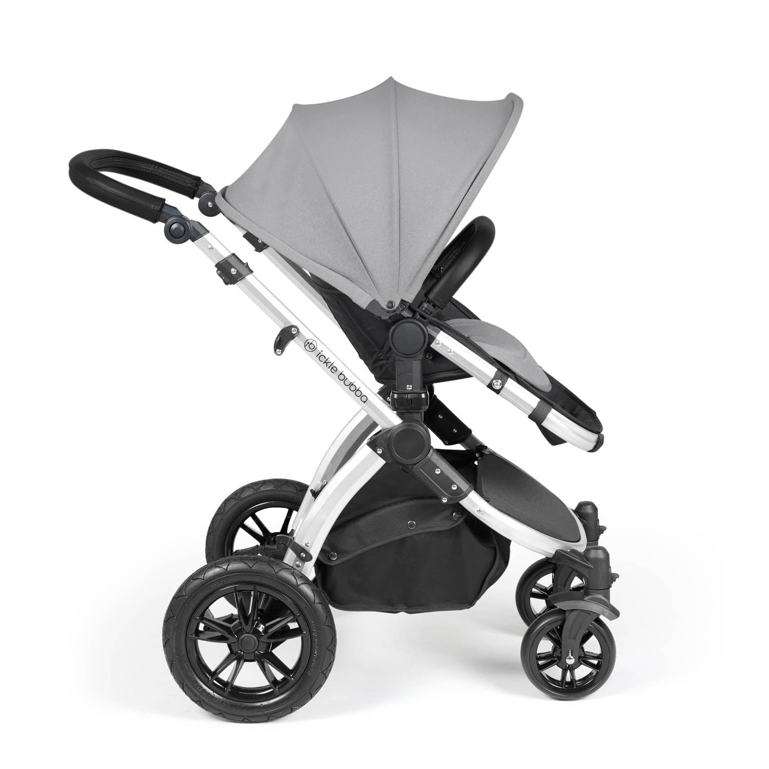 Ickle Bubba Stomp Luxe 12 Piece Travel System with i-Size Nimbus Car Seat & Spin Base - Silver/Pearl Grey/Black
