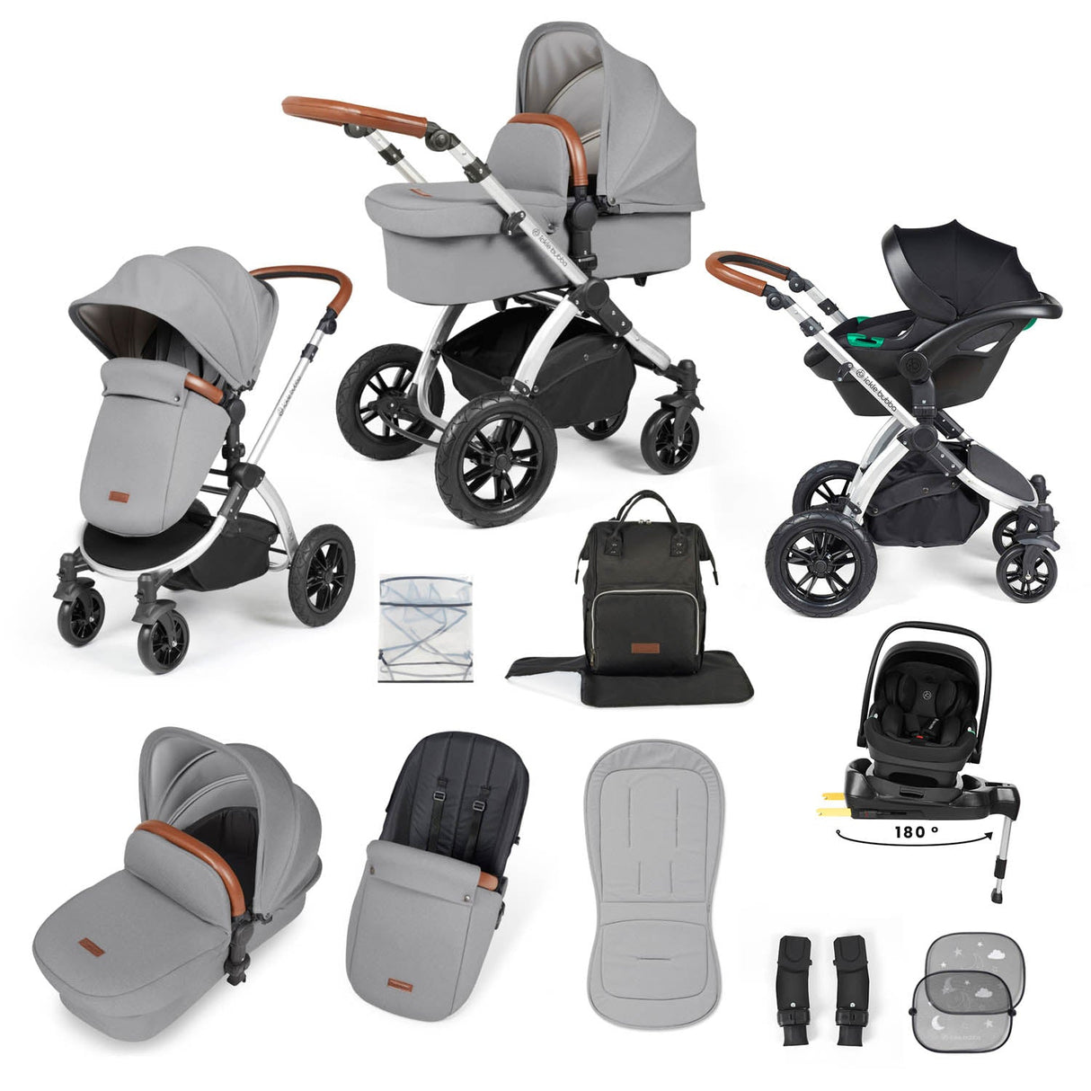 Ickle Bubba Stomp Luxe 12 Piece Travel System with i-Size Nimbus Car Seat & Spin Base - Silver/Pearl Grey/Tan