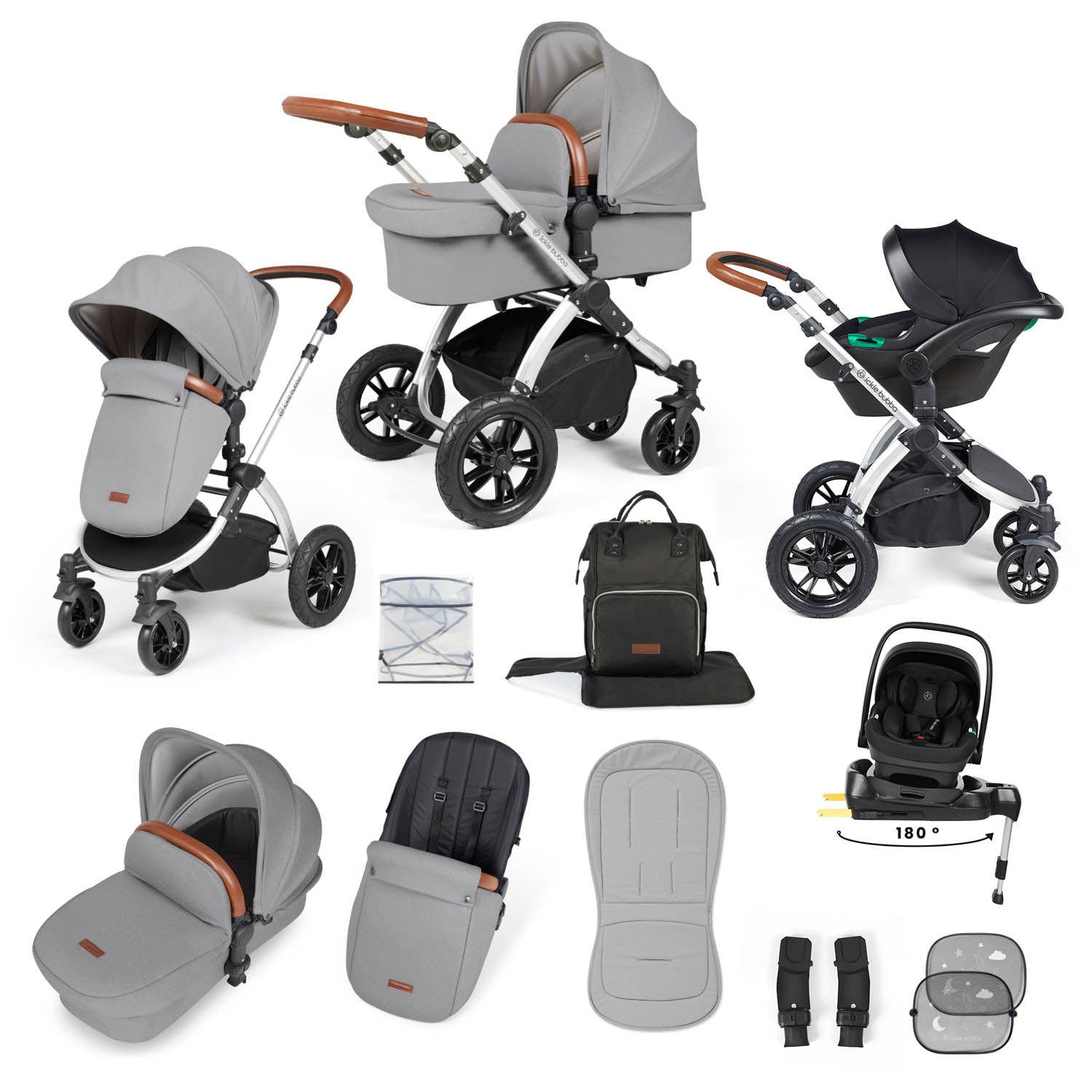 Ickle Bubba Stomp Luxe 12 Piece Travel System with i-Size Nimbus Car Seat & Spin Base - Silver/Pearl Grey/Tan