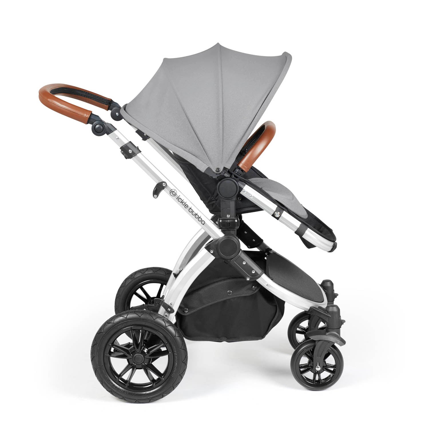Ickle Bubba Stomp Luxe 12 Piece Travel System with i-Size Nimbus Car Seat & Spin Base - Silver/Pearl Grey/Tan