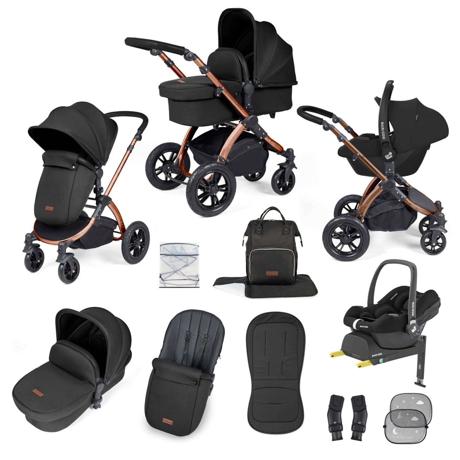 Ickle Bubba Stomp Luxe 12 Piece Travel System with Maxi-Cosi Cabriofix i-Size & Base - Bronze/Midnight/Black