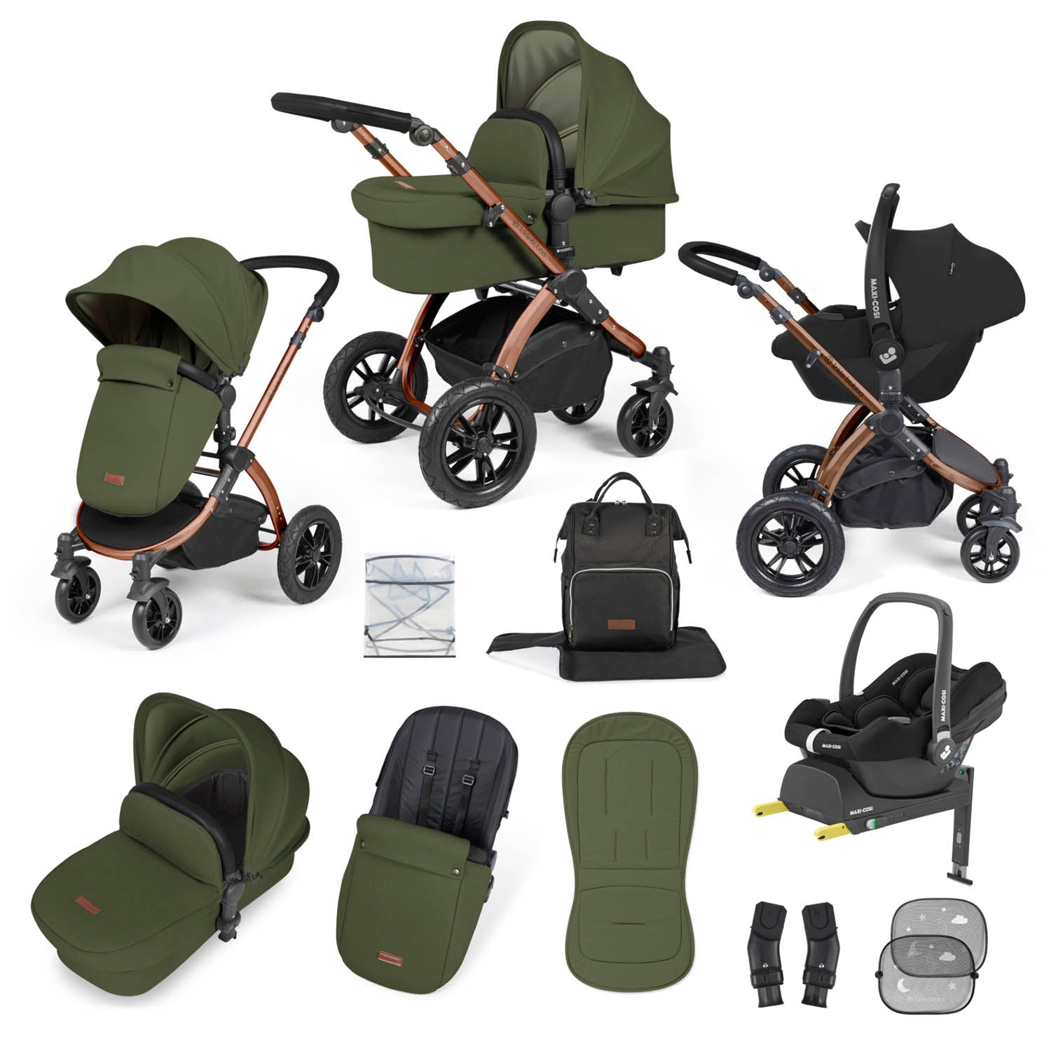 Ickle Bubba Stomp Luxe 12 Piece Travel System with Maxi-Cosi Cabriofix i-Size & Base - Bronze/Woodland/Black