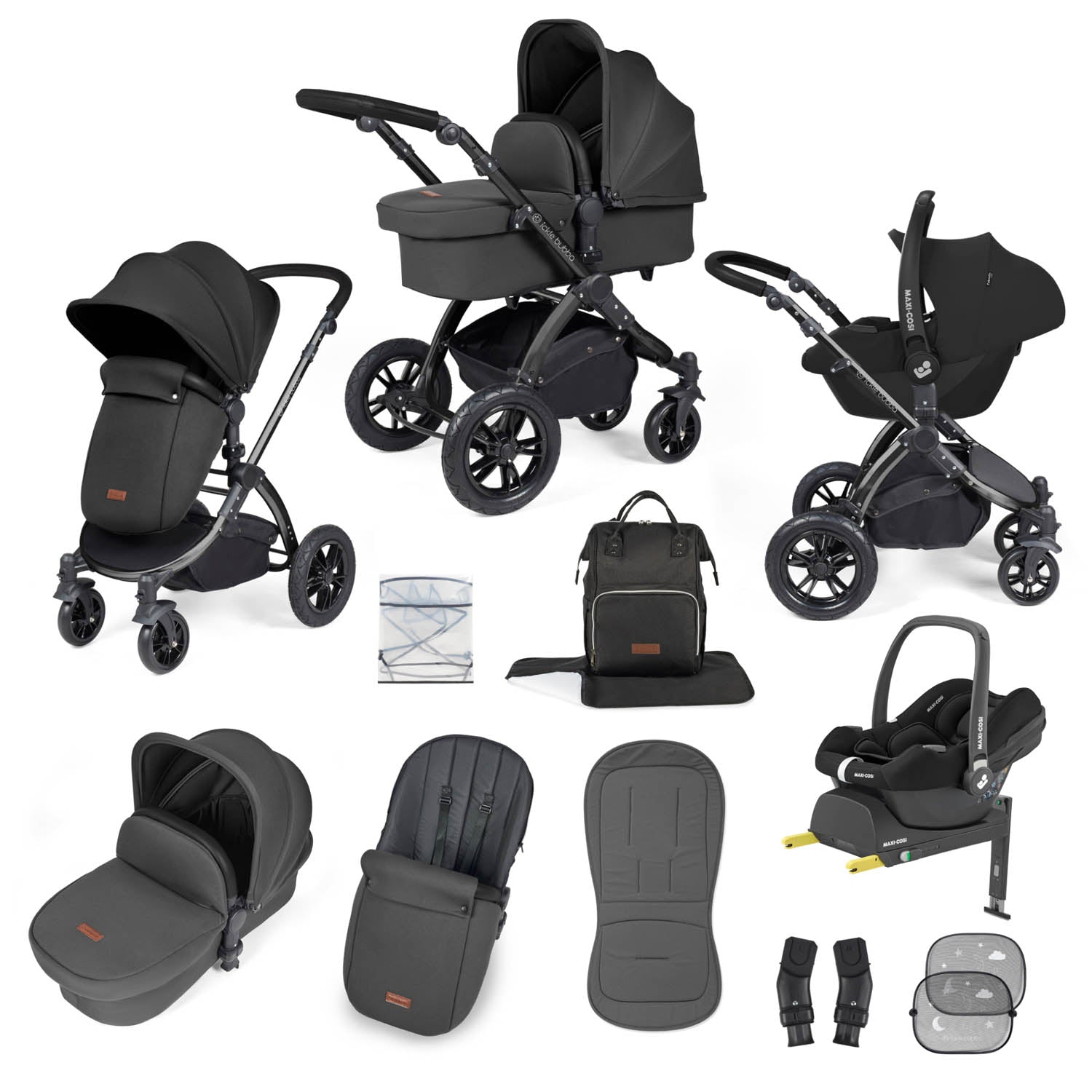 Ickle Bubba Stomp Luxe 12 Piece Travel System with Maxi-Cosi Cabriofix i-Size & Base - Black/Charcoal Grey/Black
