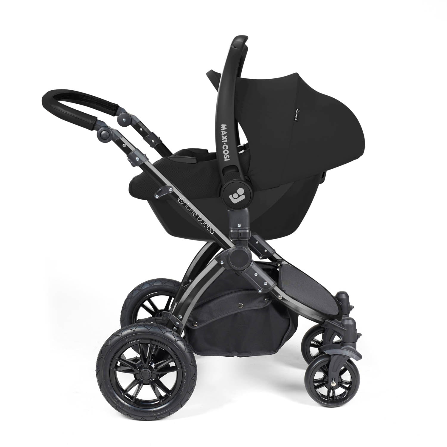 Ickle Bubba Stomp Luxe 12 Piece Travel System with Maxi-Cosi Cabriofix i-Size & Base - Black/Charcoal Grey/Black
