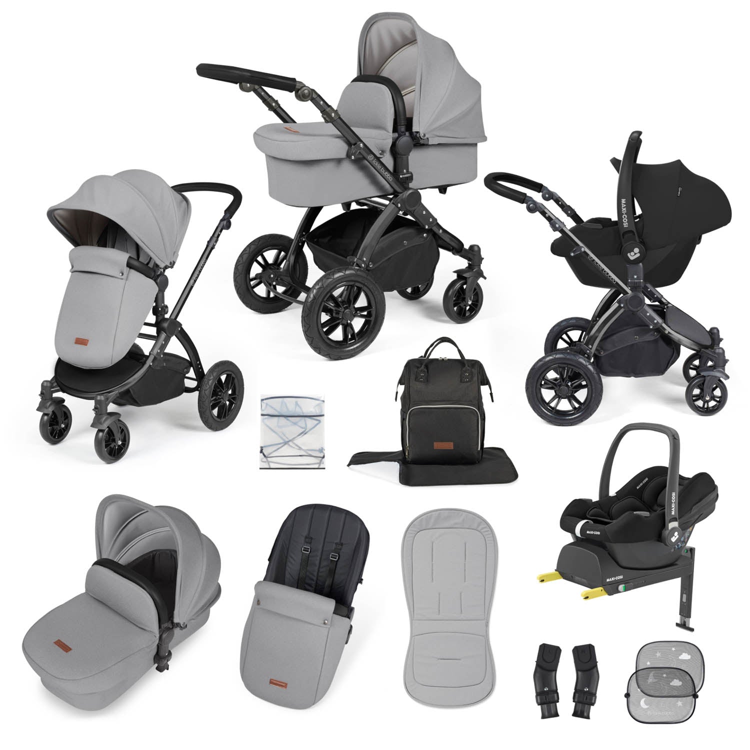 Ickle Bubba Stomp Luxe 12 Piece Travel System with Maxi-Cosi Cabriofix i-Size & Base - Black/Pearl Grey/Black