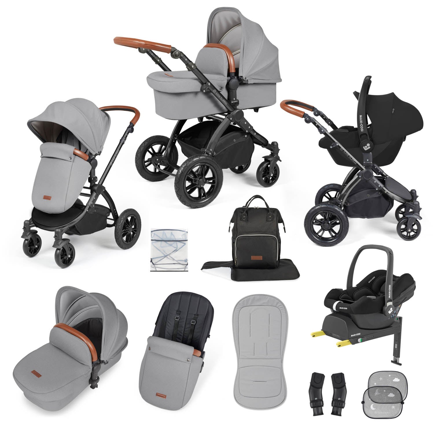 Ickle Bubba Stomp Luxe 12 Piece Travel System with Maxi-Cosi Cabriofix i-Size & Base - Black/Pearl Grey/Tan