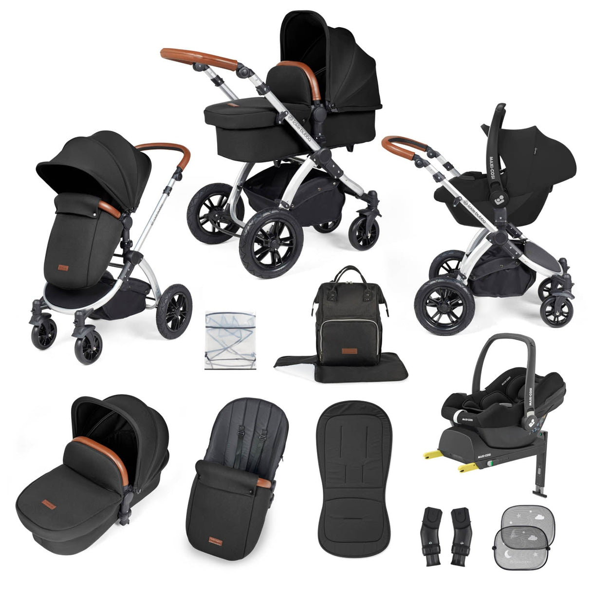 Ickle Bubba Stomp Luxe 12 Piece Travel System with Maxi-Cosi Cabriofix i-Size & Base - Silver/Midnight/Tan