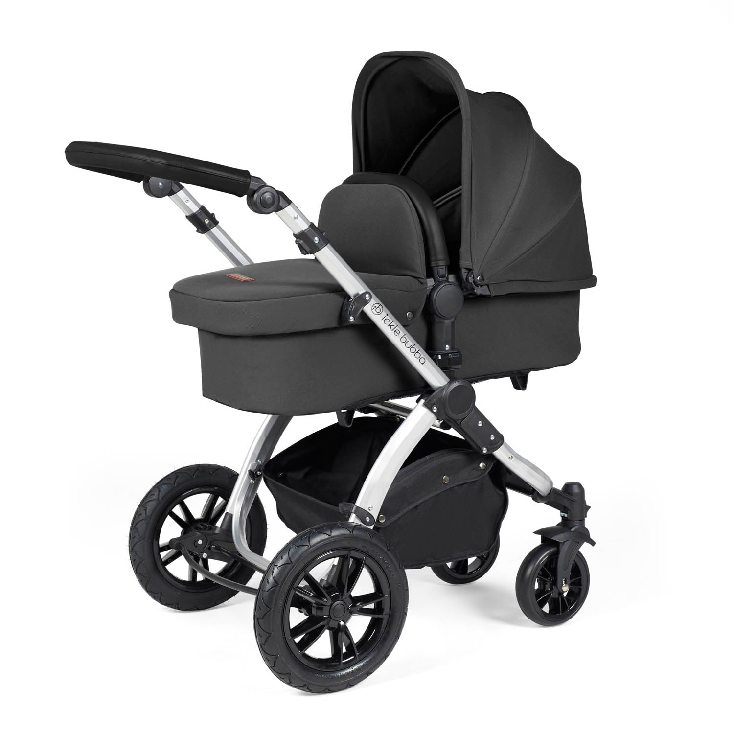 Ickle Bubba Stomp Luxe 12 Piece Travel System with Maxi-Cosi Cabriofix i-Size & Base - Silver/Charcoal Grey/Black