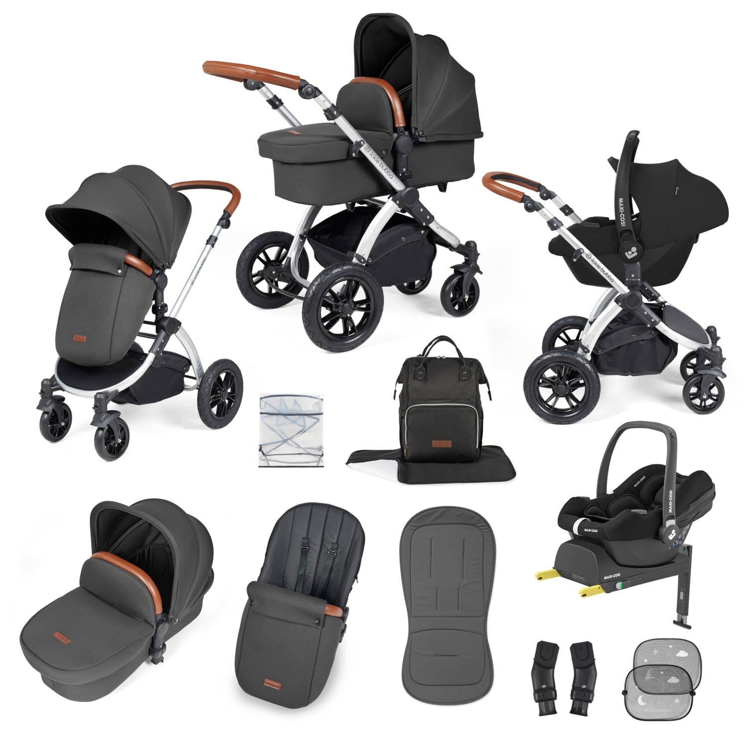 Ickle Bubba Stomp Luxe 12 Piece Travel System with Maxi-Cosi Cabriofix i-Size & Base - Silver/Charcoal Grey/Tan