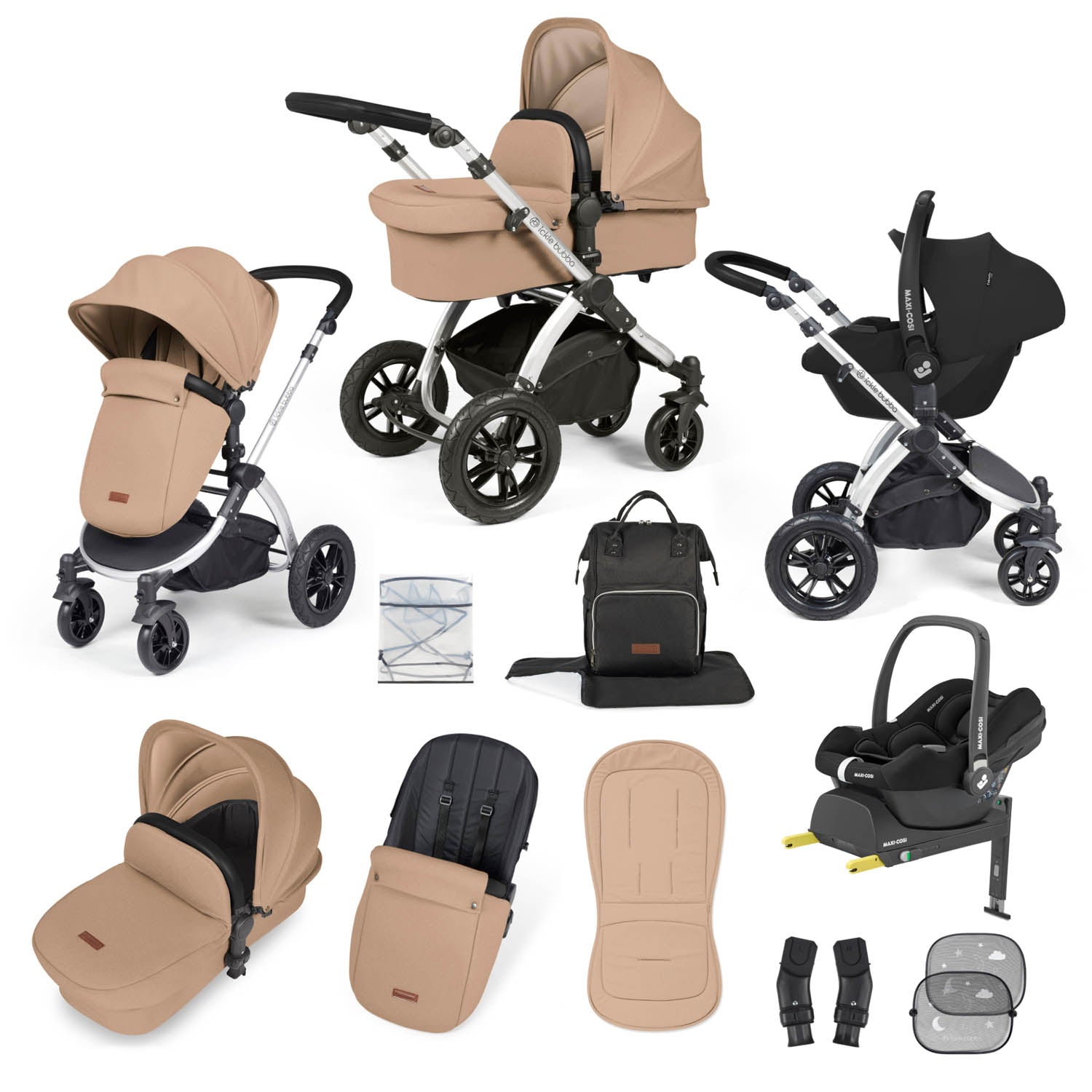 Ickle Bubba Stomp Luxe 12 Piece Travel System with Maxi-Cosi Cabriofix i-Size & Base - Silver/Desert/Black
