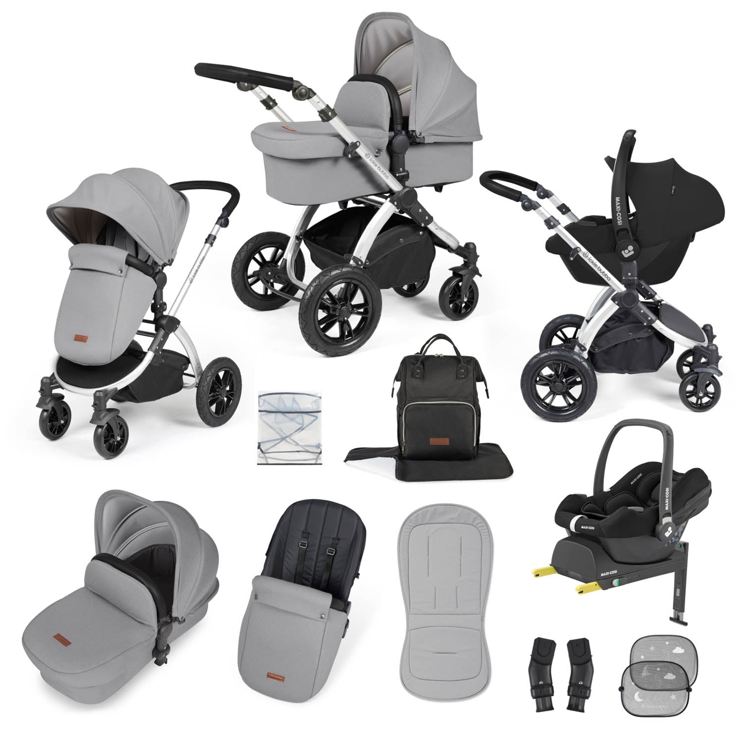 Ickle Bubba Stomp Luxe 12 Piece Travel System with Maxi-Cosi Cabriofix i-Size & Base - Silver/Pearl Grey/Black