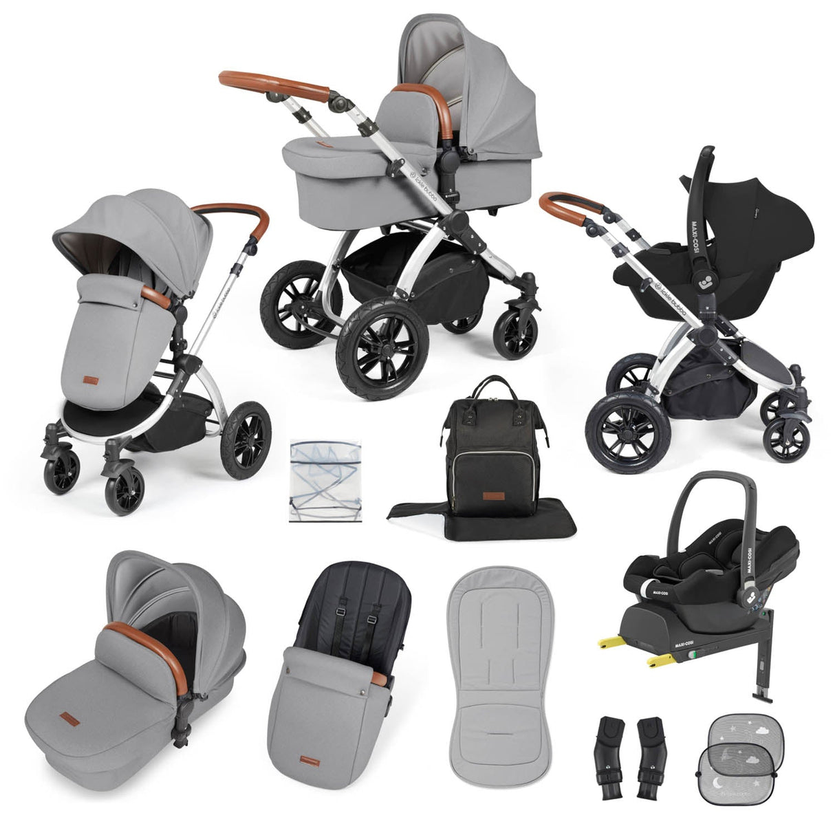 Ickle Bubba Stomp Luxe 12 Piece Travel System with Maxi-Cosi Cabriofix i-Size & Base - Silver/Pearl Grey/Tan
