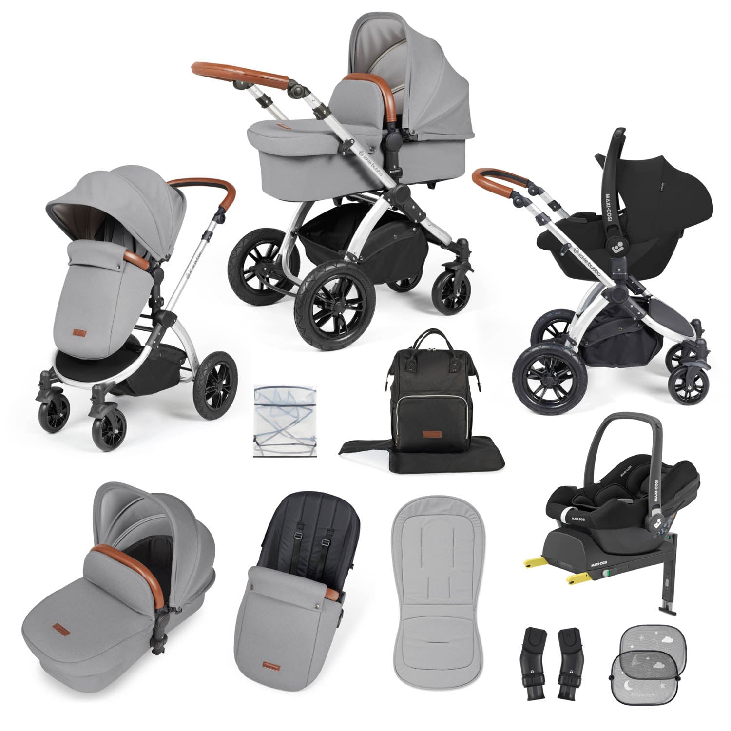 Ickle Bubba Stomp Luxe 12 Piece Travel System with Maxi-Cosi Cabriofix i-Size & Base - Silver/Pearl Grey/Tan