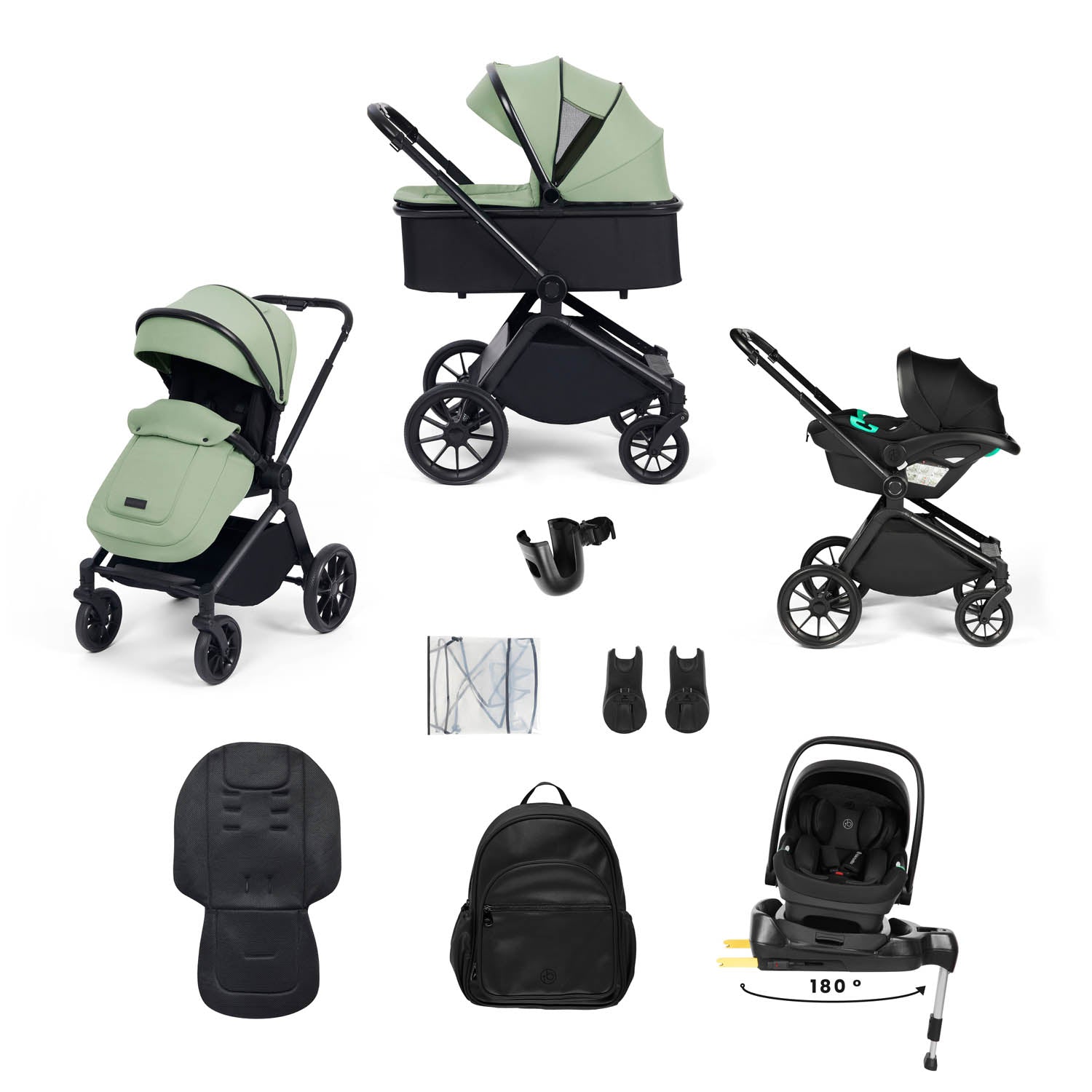 Ickle Bubba Altima 12 Piece Travel System with i-Size Nimbus Car Seat & Spin Base - Sage Green