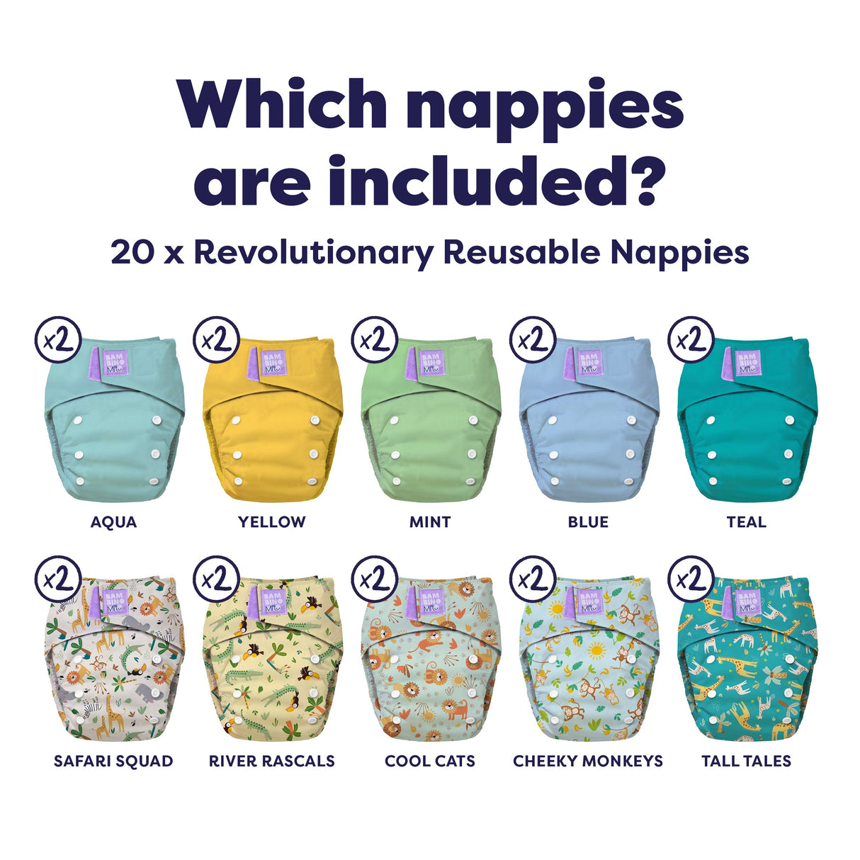 The Everything Reusable Nappy Bundle in Wild Life and Pastels