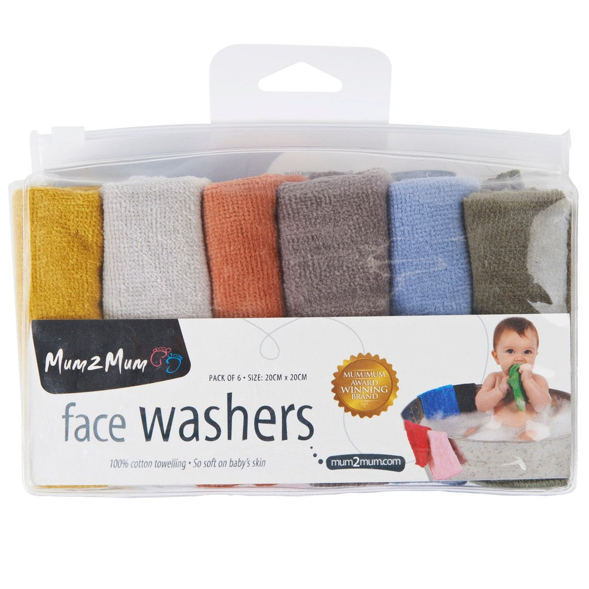 Mum 2 Mum Cotton Facewashers / Reusable Wipes - 6 Pack - EARTH TONES