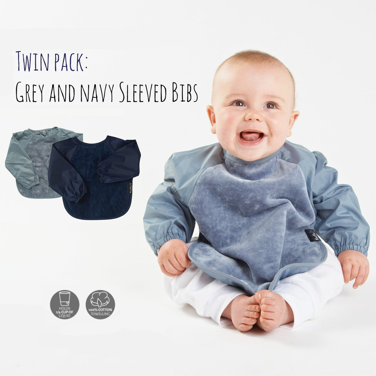 2 PACK - Mum 2 Mum Long Sleeved Wonder Bib LARGE 18m - 3 years - Grey & Navy