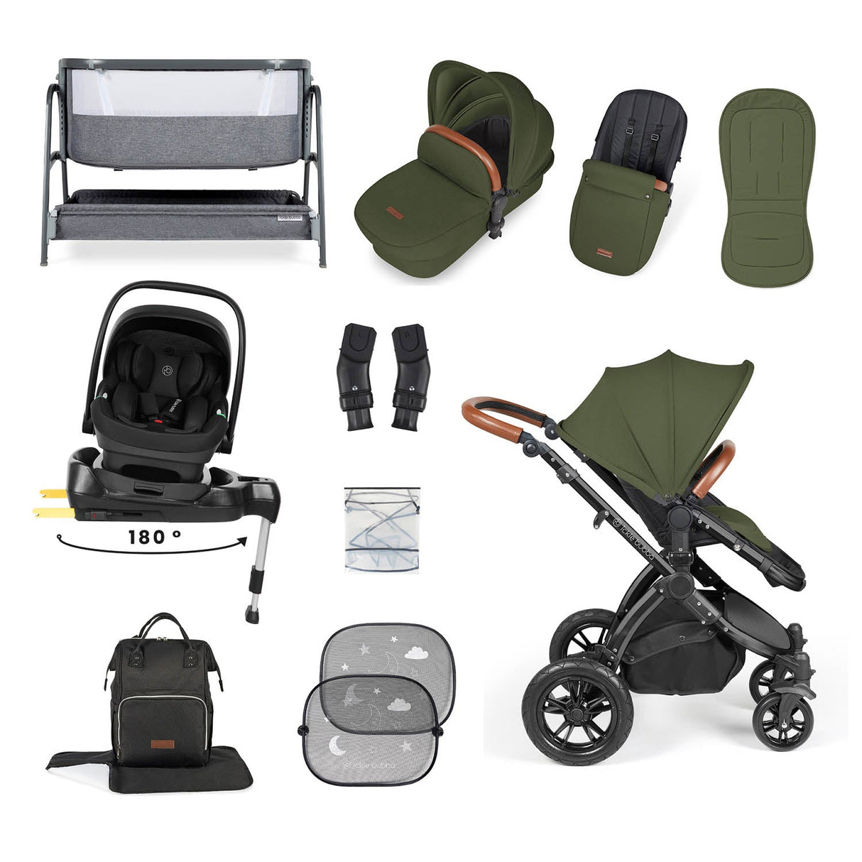 Ickle Bubba Stomp Luxe 14 Piece Nimbus 180° Spin Travel & Home Bundle - Black/Woodland/Tan