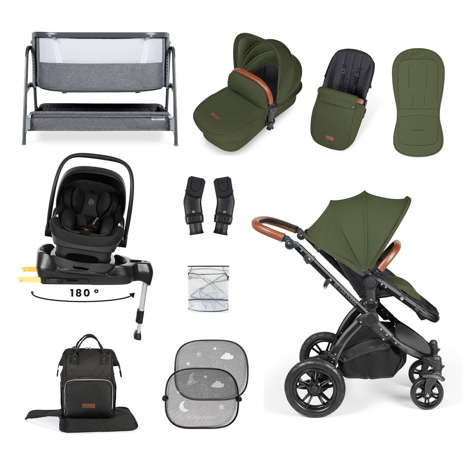Ickle Bubba Stomp Luxe 14 Piece Nimbus 180° Spin Travel & Home Bundle - Black/Woodland/Tan