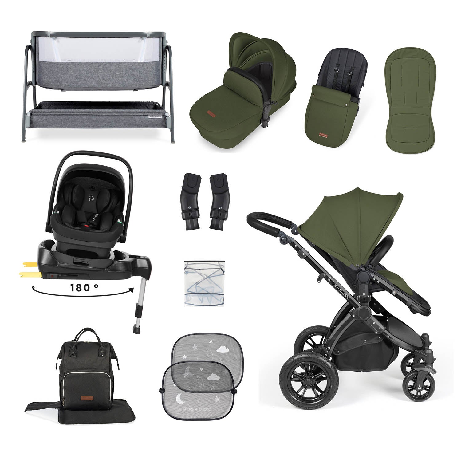 Ickle Bubba Stomp Luxe 14 Piece Nimbus 180° Spin Travel & Home Bundle - Black/Woodland/Black