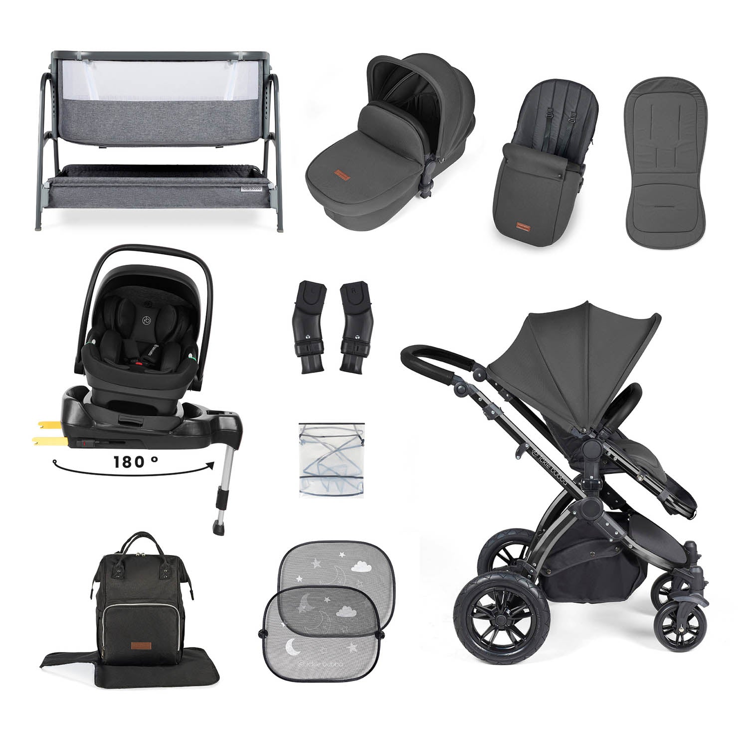Ickle Bubba Stomp Luxe 14 Piece Nimbus 180° Spin Travel & Home Bundle - Black/Charcoal Grey/Black