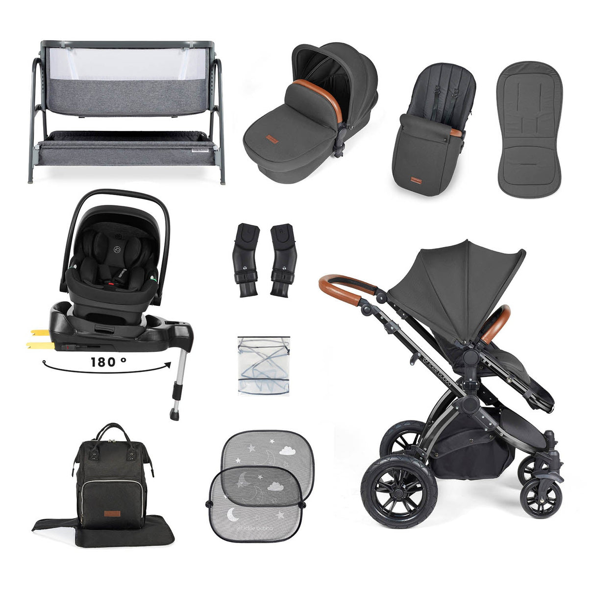 Ickle Bubba Stomp Luxe 14 Piece Nimbus 180° Spin Travel & Home Bundle - Black/Charcoal Grey/Tan