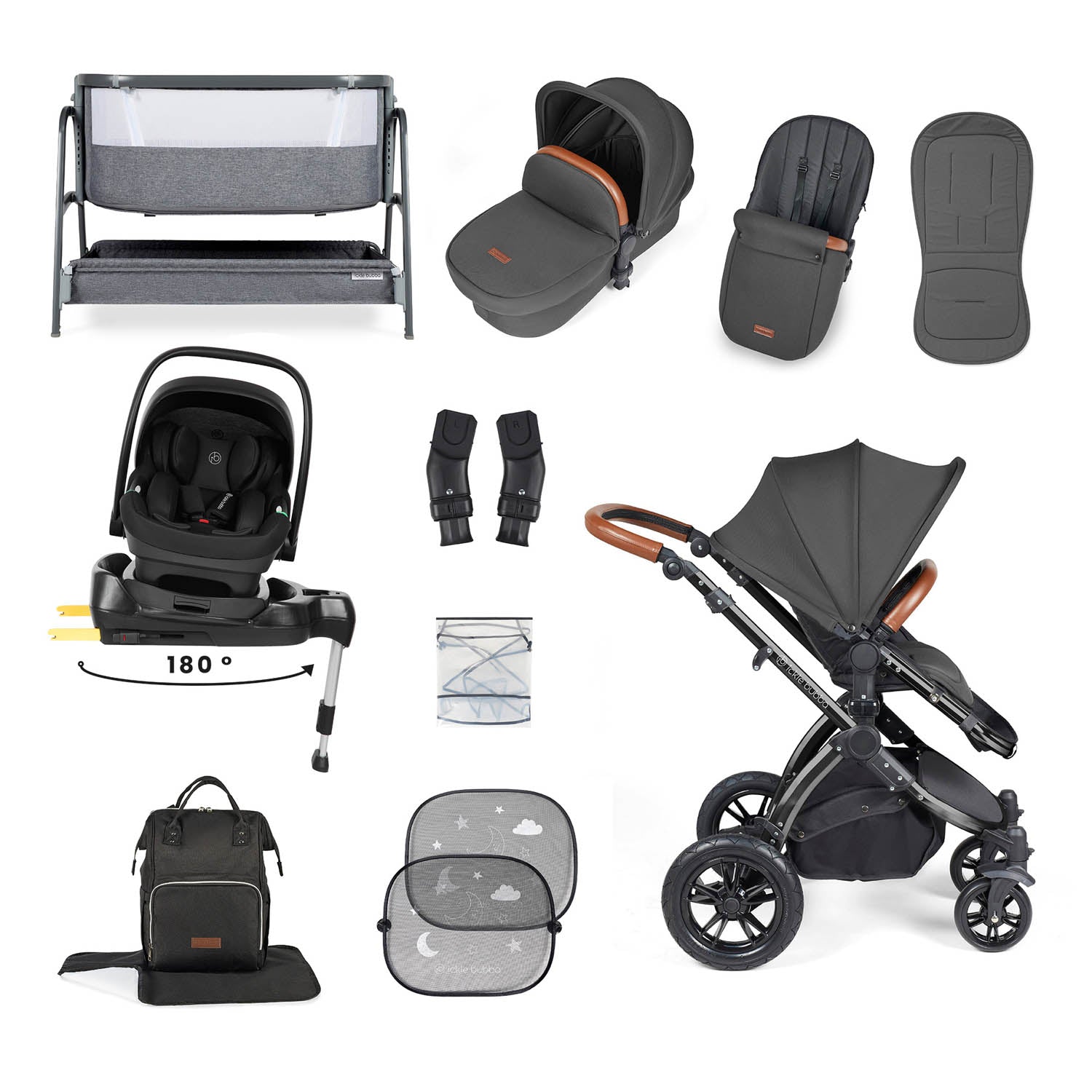 Ickle Bubba Stomp Luxe 14 Piece Nimbus 180° Spin Travel & Home Bundle - Black/Charcoal Grey/Tan