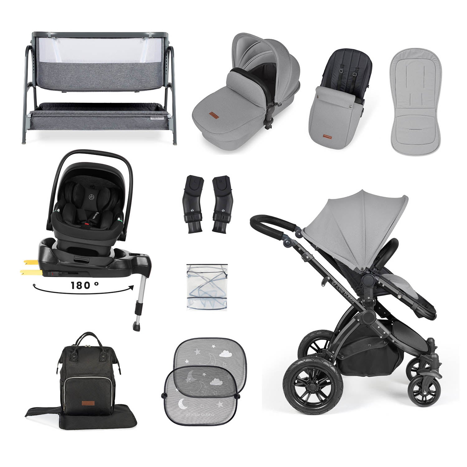 Ickle Bubba Stomp Luxe 14 Piece Nimbus 180° Spin Travel & Home Bundle - Black/Pearl Grey/Black