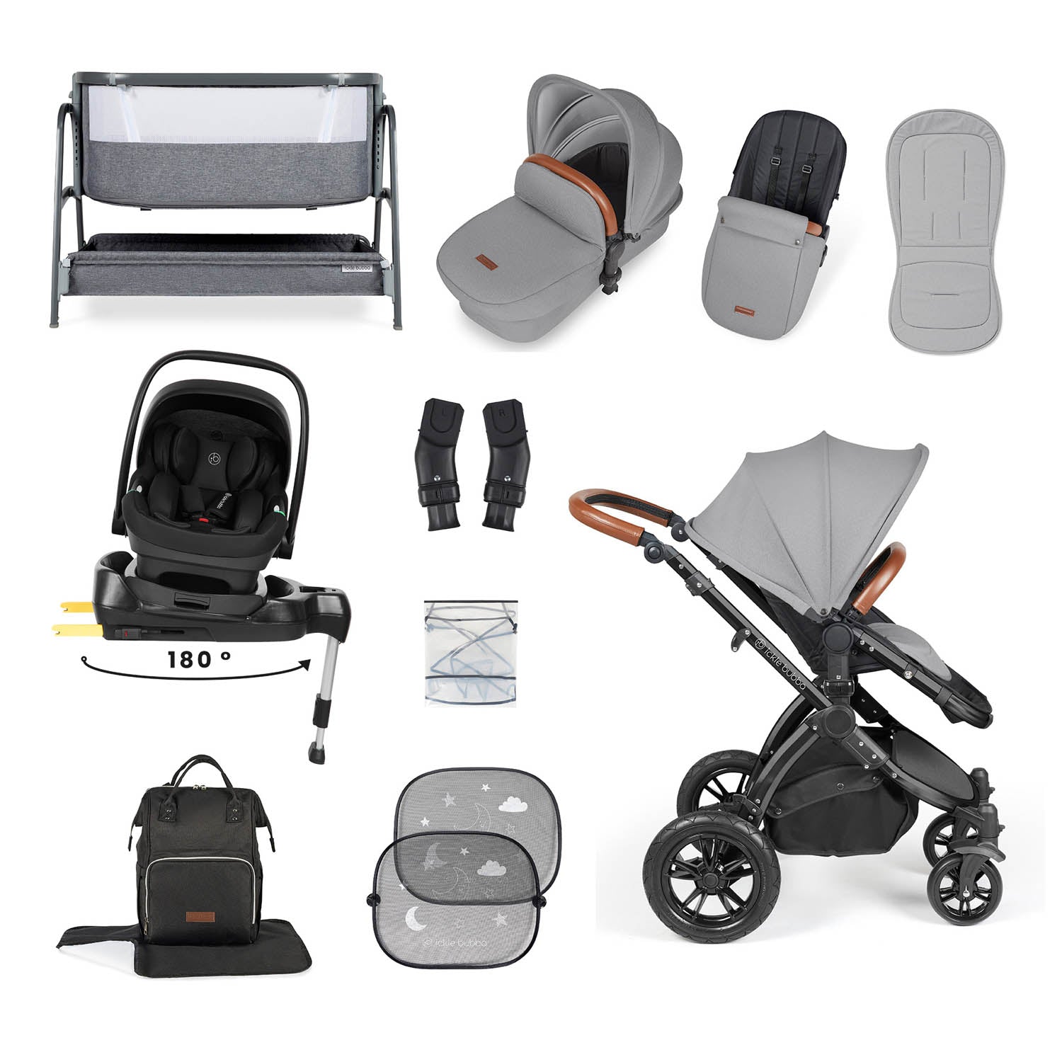 Ickle Bubba Stomp Luxe 14 Piece Nimbus 180° Spin Travel & Home Bundle - Black/Pearl Grey/Tan