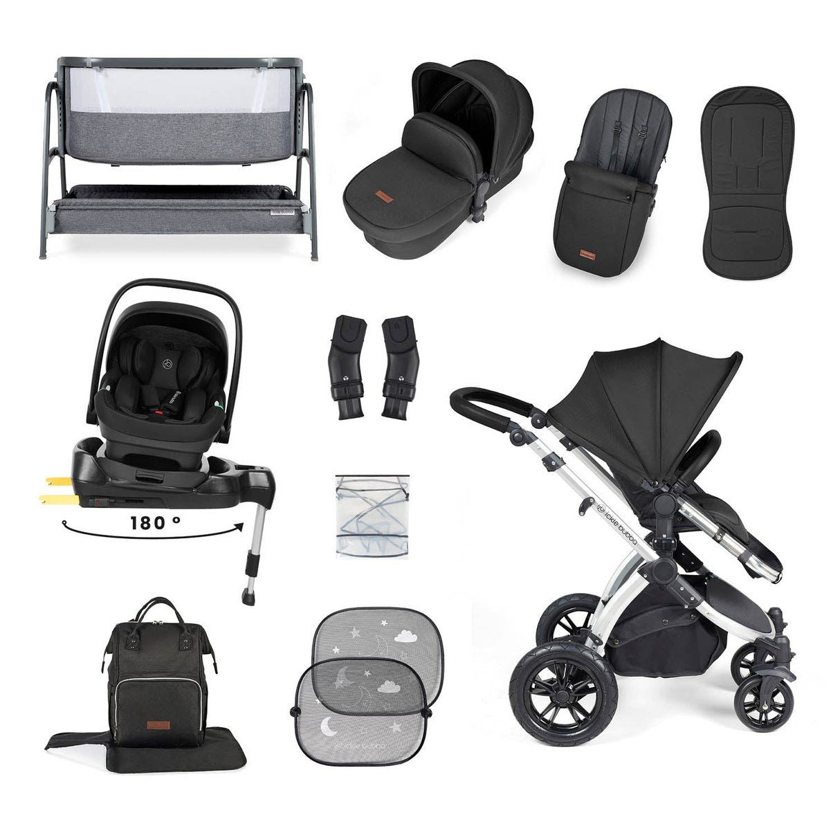 Ickle Bubba Stomp Luxe 14 Piece Nimbus 180° Spin Travel & Home Bundle - Silver/Midnight/Black