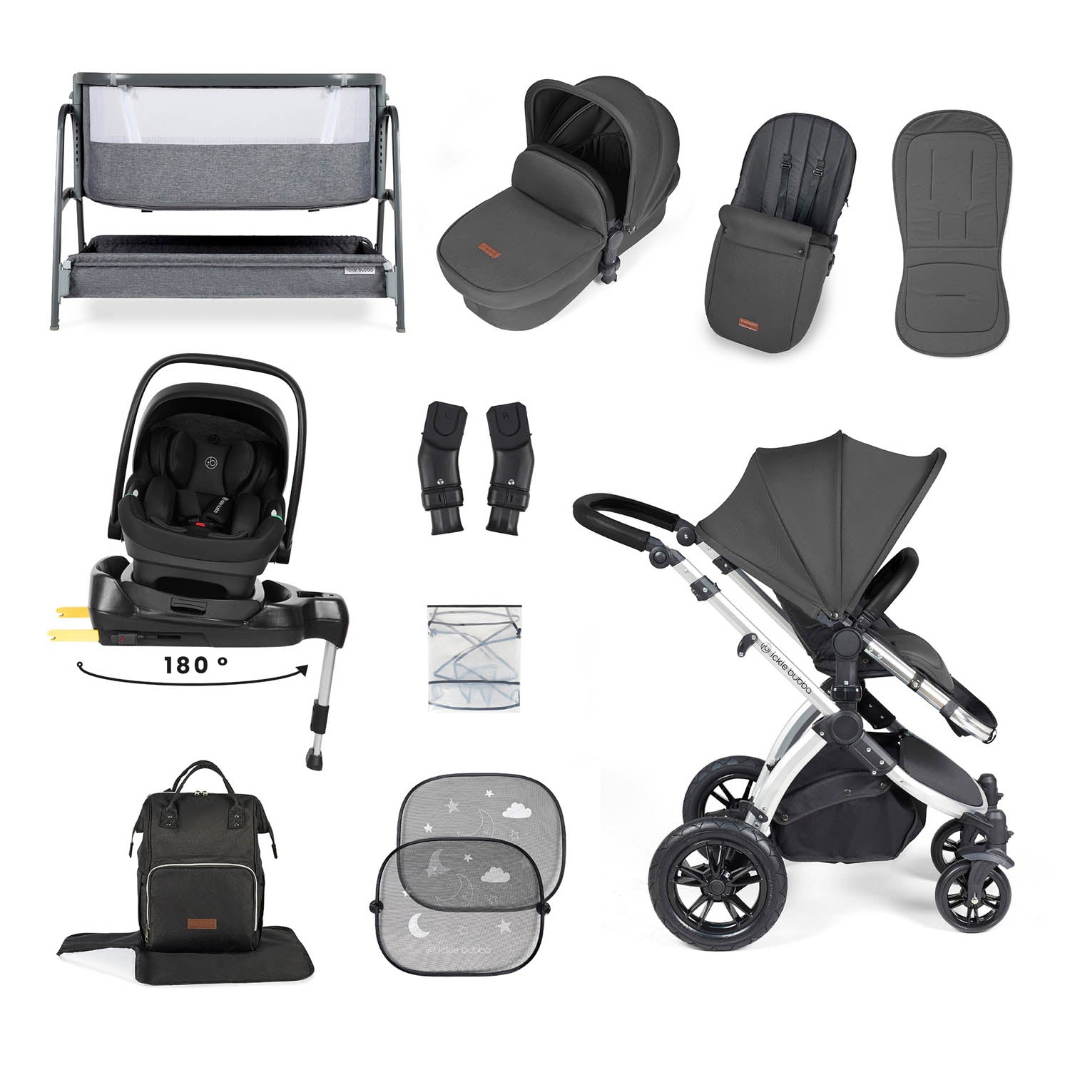 Ickle Bubba Stomp Luxe 14 Piece Nimbus 180° Spin Travel & Home Bundle - Silver/Charcoal Grey/Black