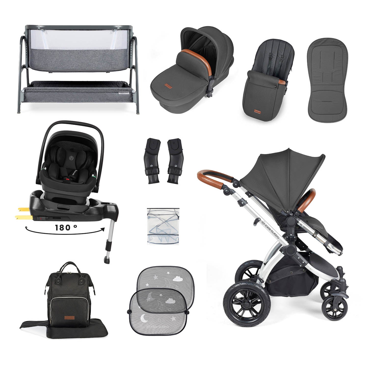 Ickle Bubba Stomp Luxe 14 Piece Nimbus 180° Spin Travel & Home Bundle - Silver/Charcoal Grey/Tan