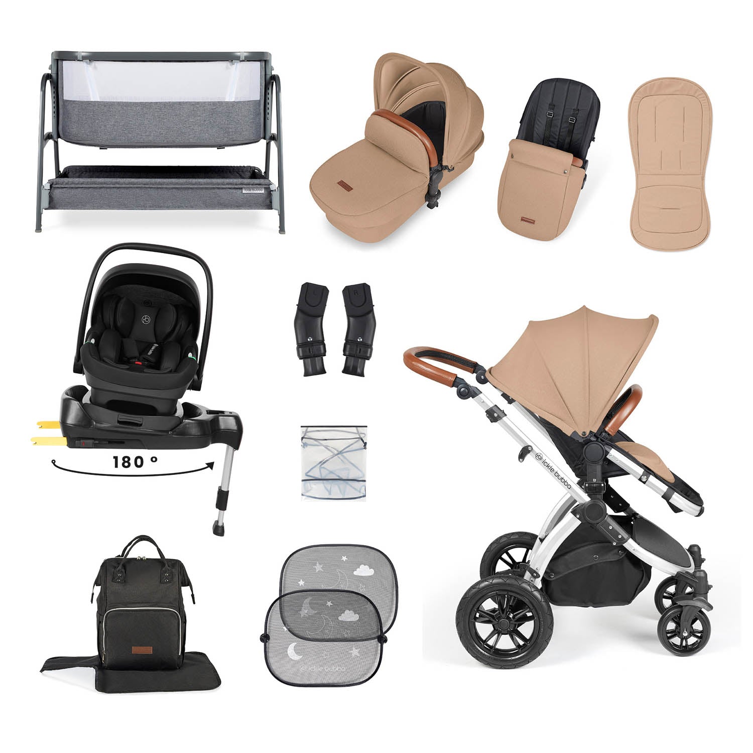 Ickle Bubba Stomp Luxe 14 Piece Nimbus 180° Spin Travel & Home Bundle - Silver/Desert/Tan