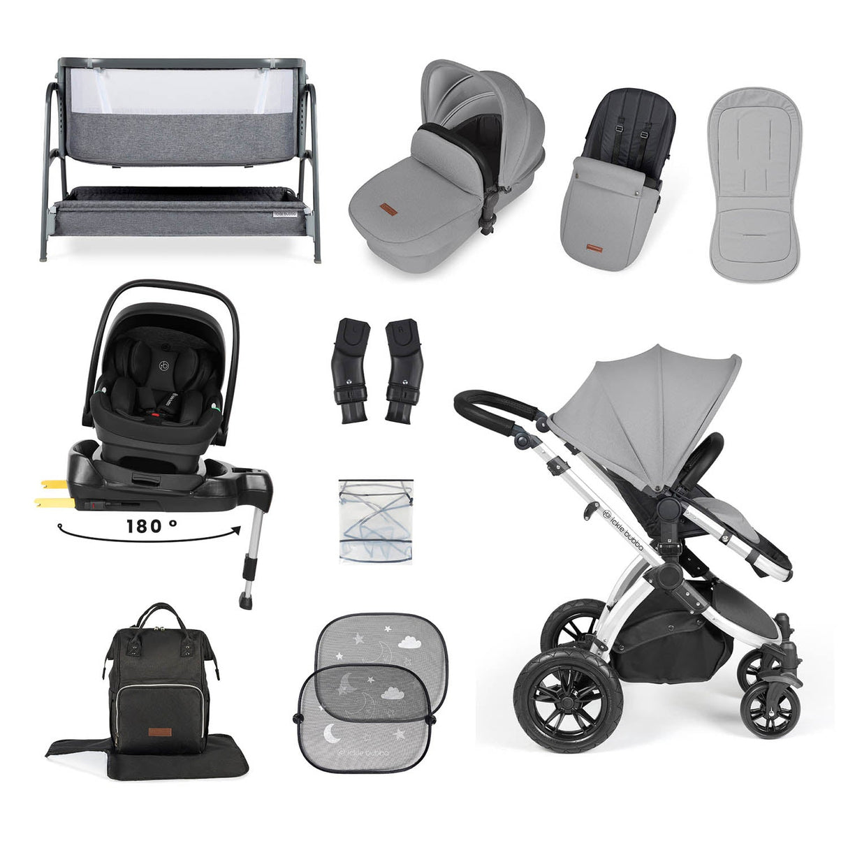 Ickle Bubba Stomp Luxe 14 Piece Nimbus 180° Spin Travel & Home Bundle - Silver/Pearl Grey/Black