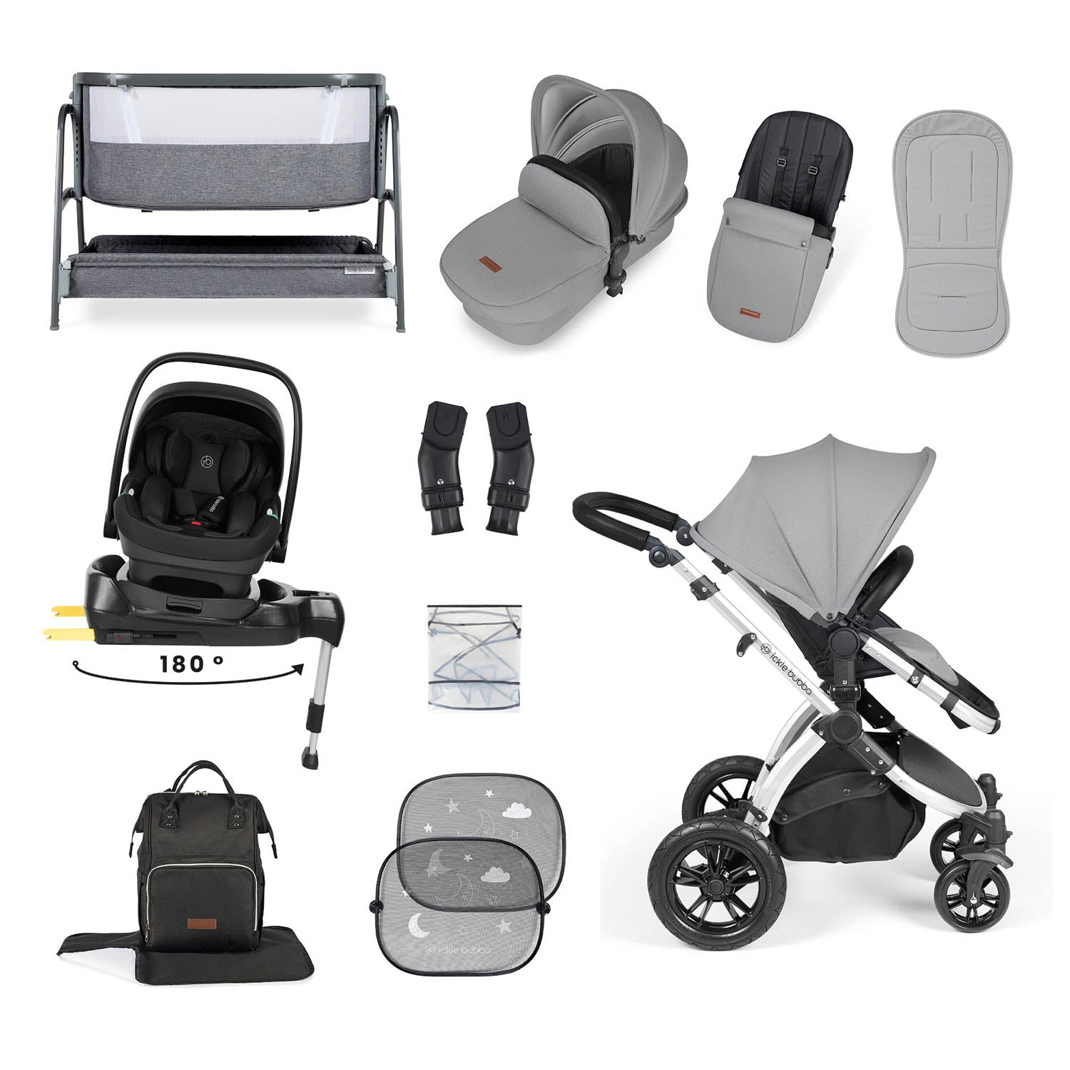 Ickle Bubba Stomp Luxe 14 Piece Nimbus 180° Spin Travel & Home Bundle - Silver/Pearl Grey/Black