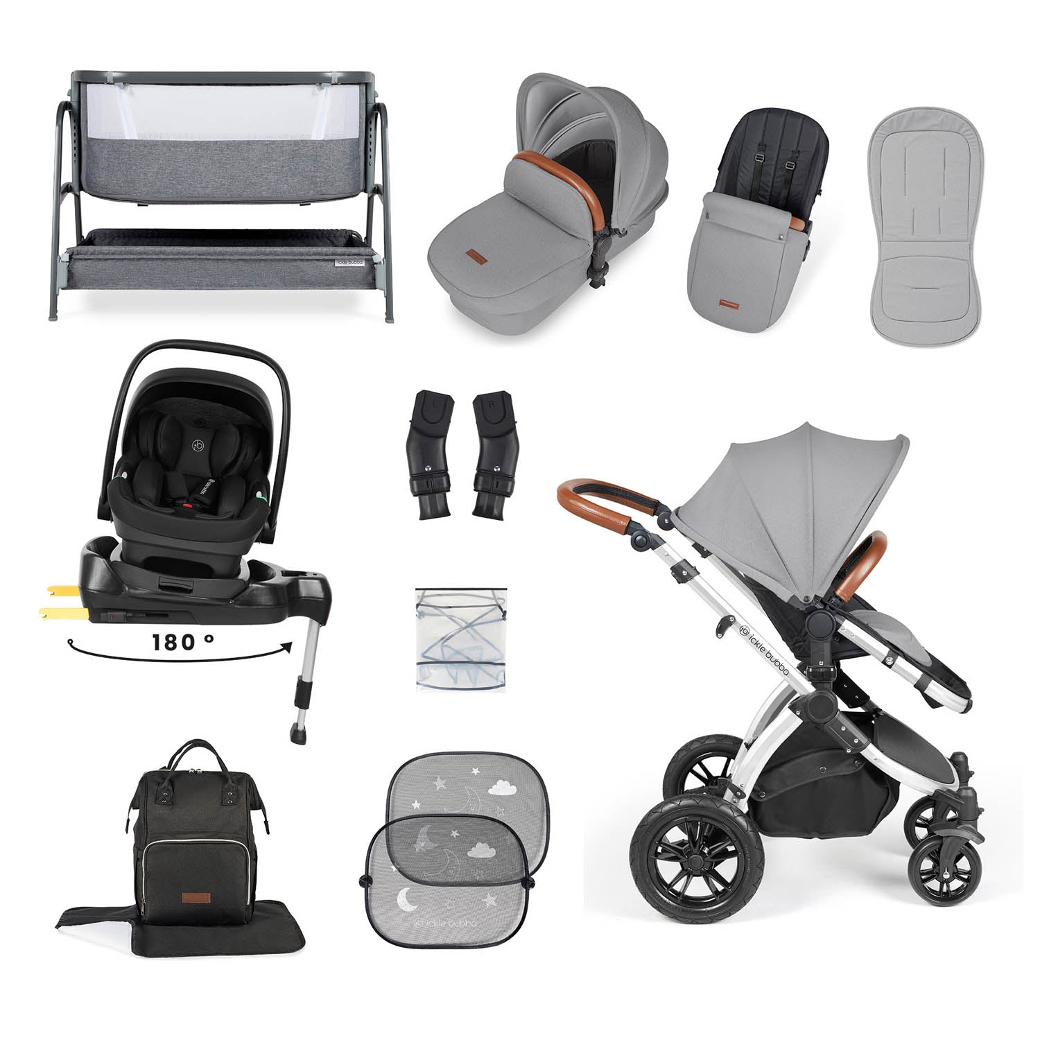 Ickle Bubba Stomp Luxe 14 Piece Nimbus 180° Spin Travel & Home Bundle - Silver/Pearl Grey/Tan