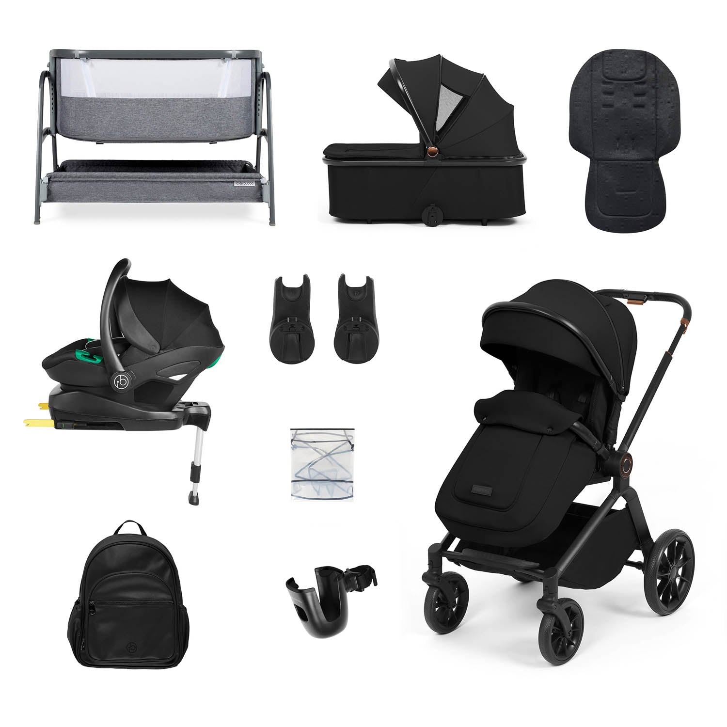 Ickle Bubba Altima 14 Piece Stratus i-Size Travel System & Base + Bubba&Me Crib - Black