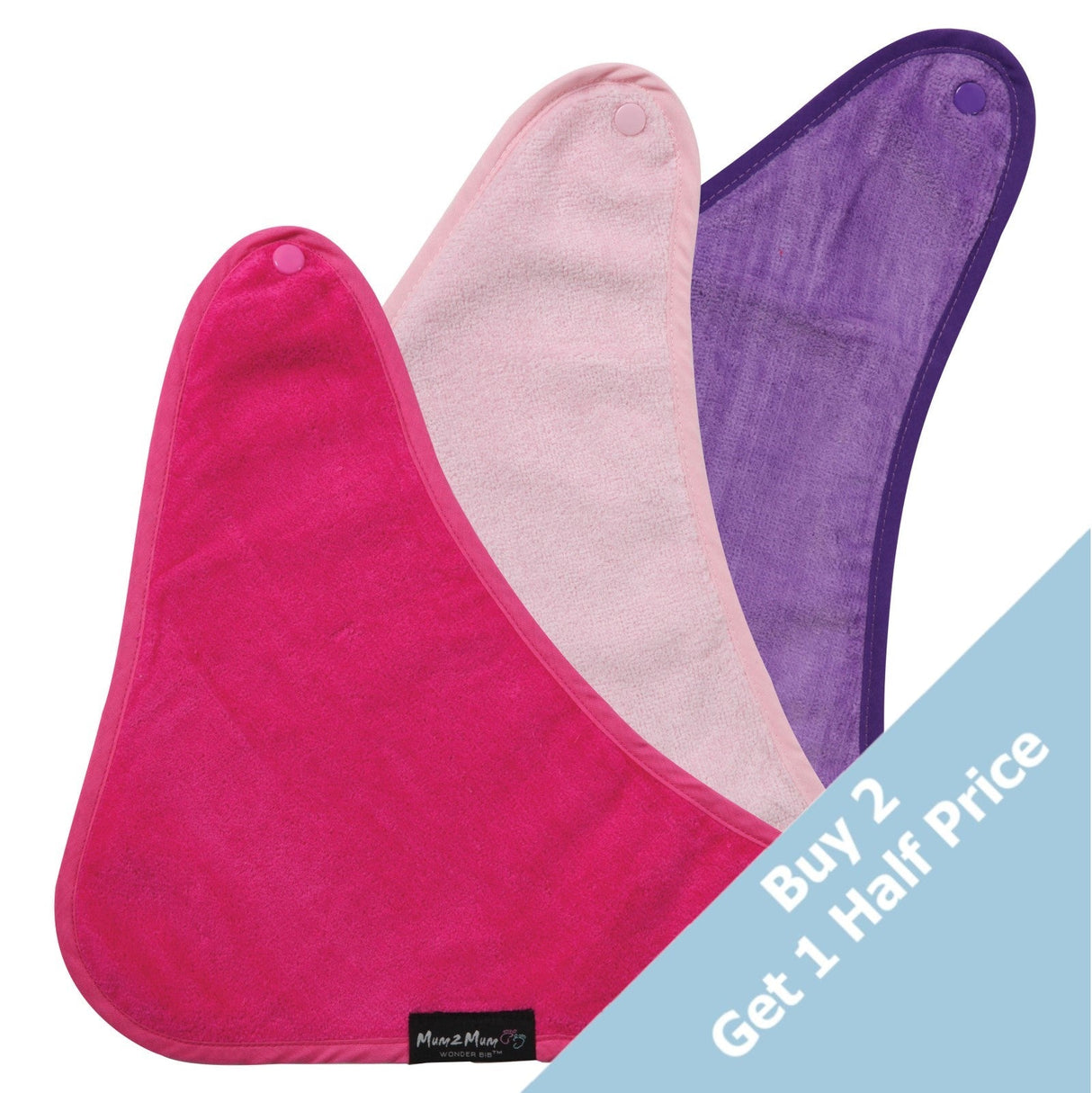 3 PACK - Mum 2 Mum Bandana Style Wonder Bibs - Cerise / Purple / Baby Pink