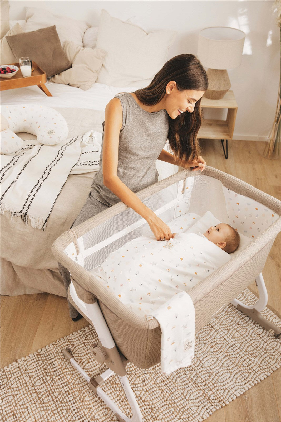 Jane Baby Side Crib + 4 Piece Bedding Set & Safety Mattress, Botanic