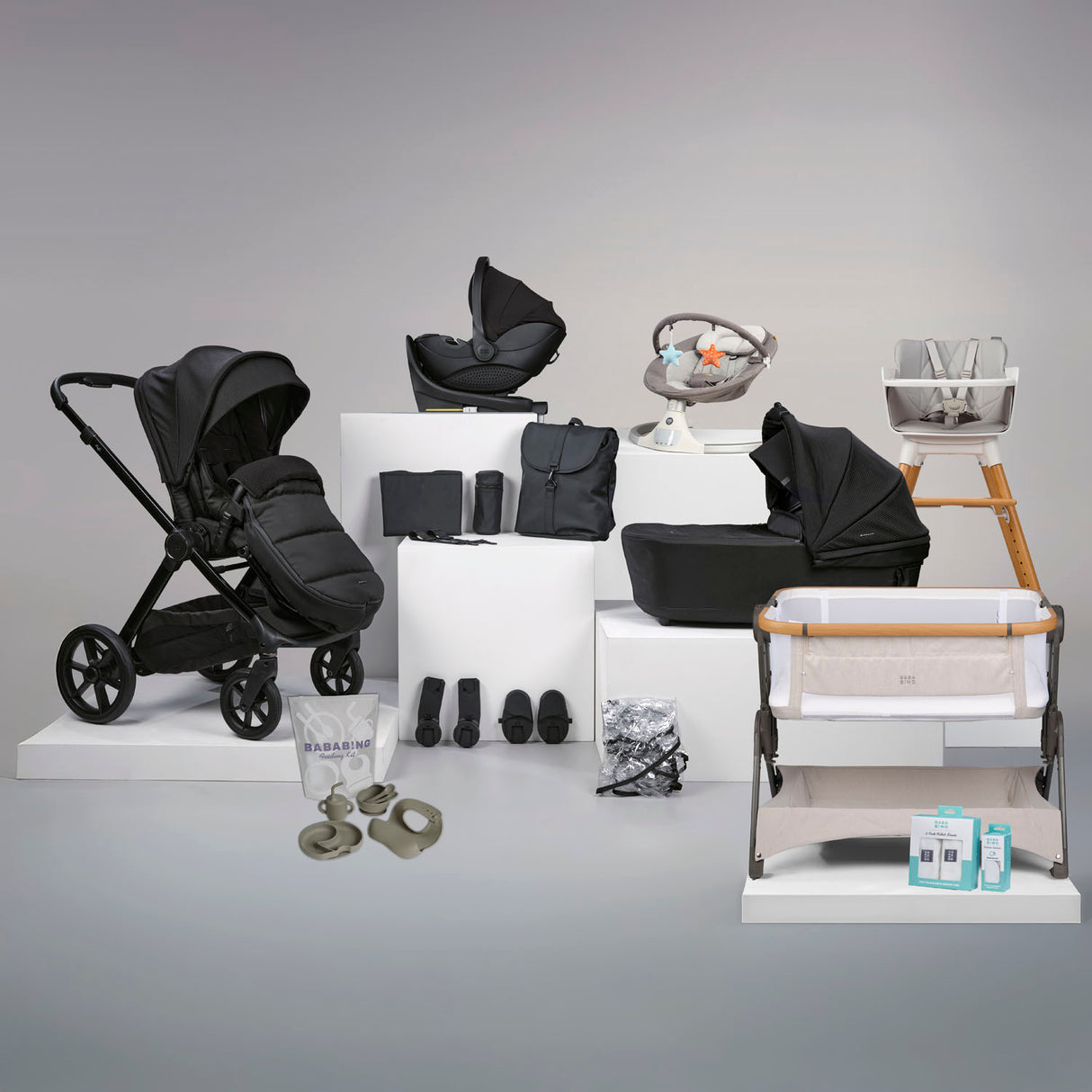 Bababing 18pc Raffi MK11 Home & Travel System, Home & Feeding Bundle with Spin Car Seat & Base - Gloss Black