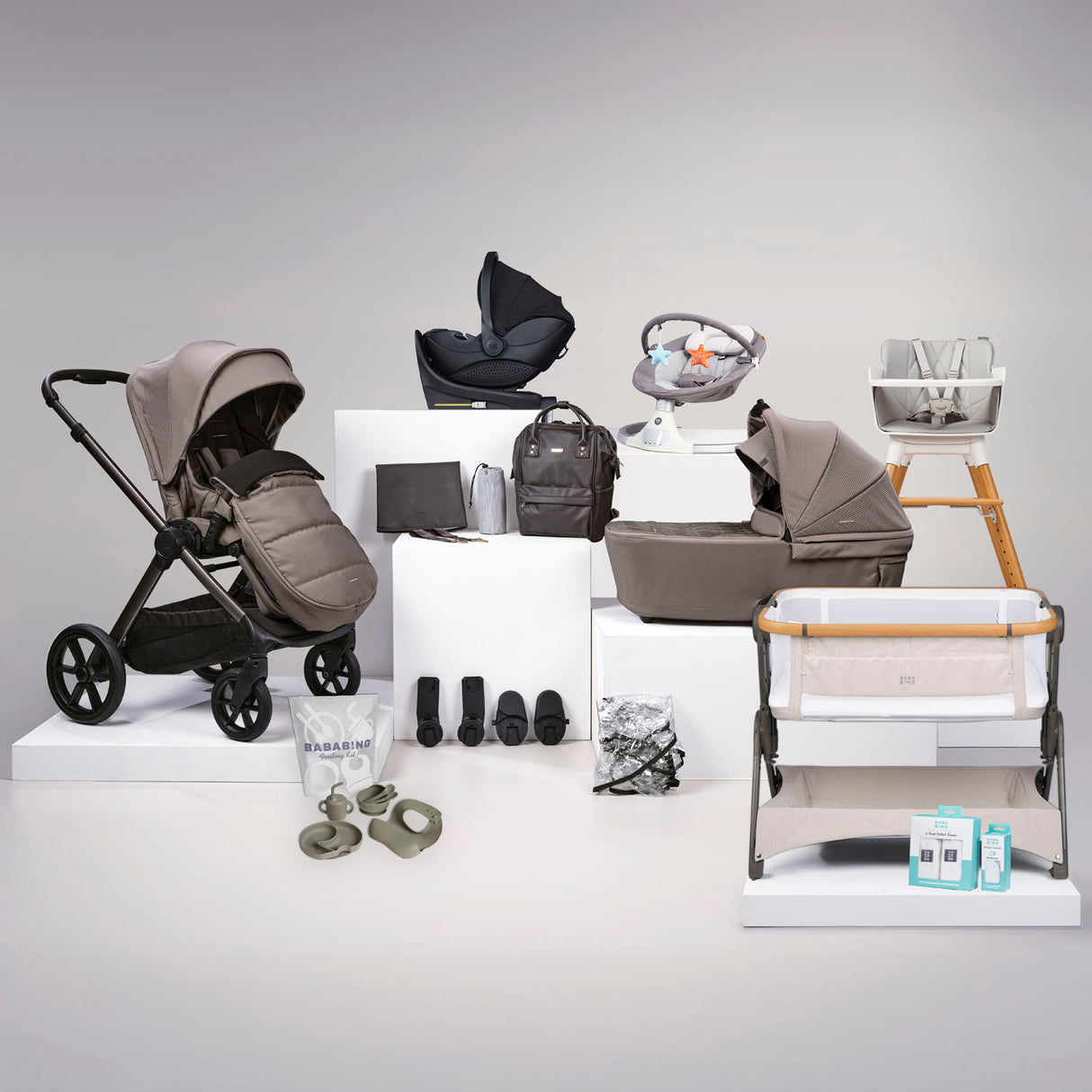 Bababing 18pc Raffi MK11 Home & Travel System, Home & Feeding Bundle with Spin Car Seat & Base - Minky