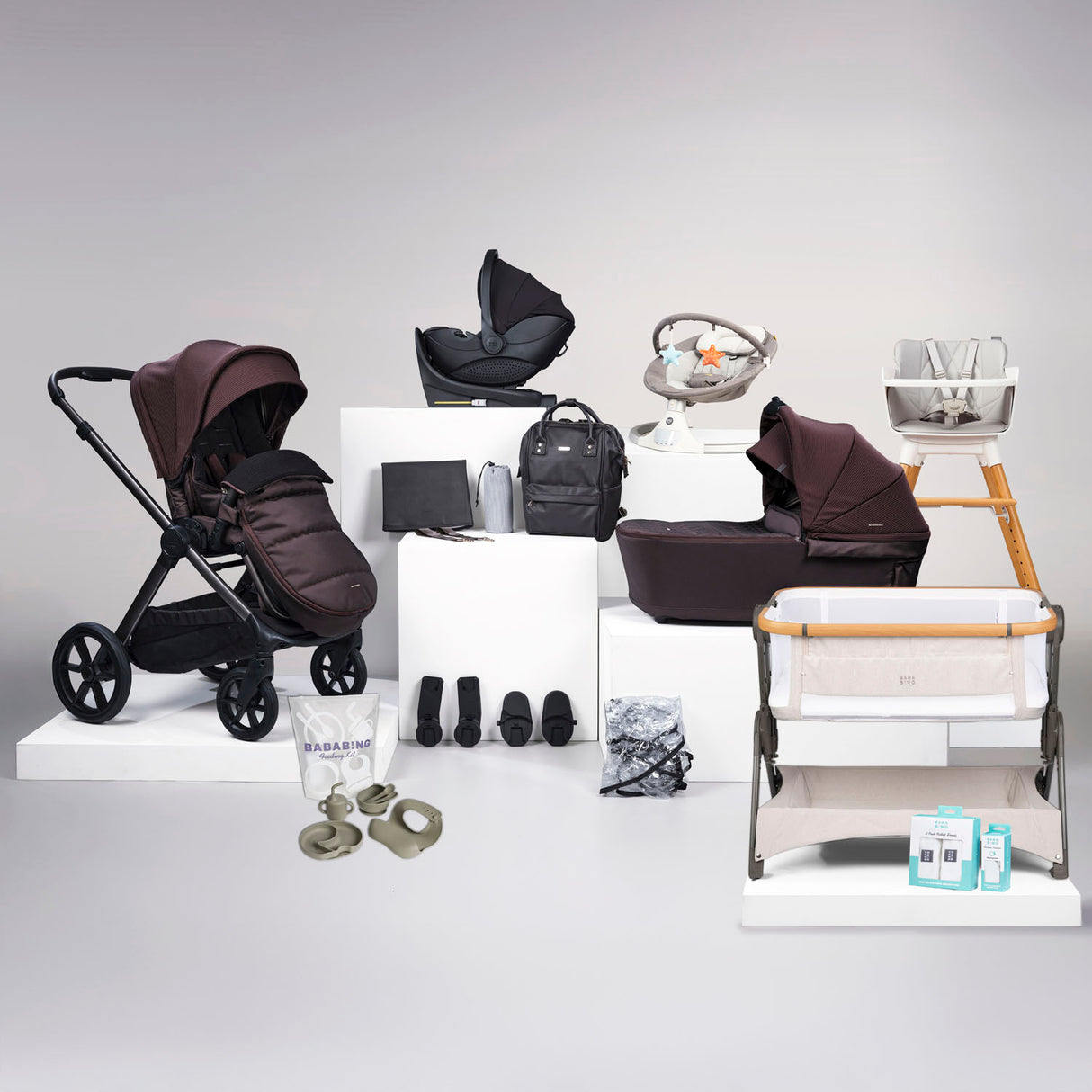Bababing 18pc Raffi MK11 Home & Travel System, Home & Feeding Bundle with Spin Car Seat & Base - Heritage