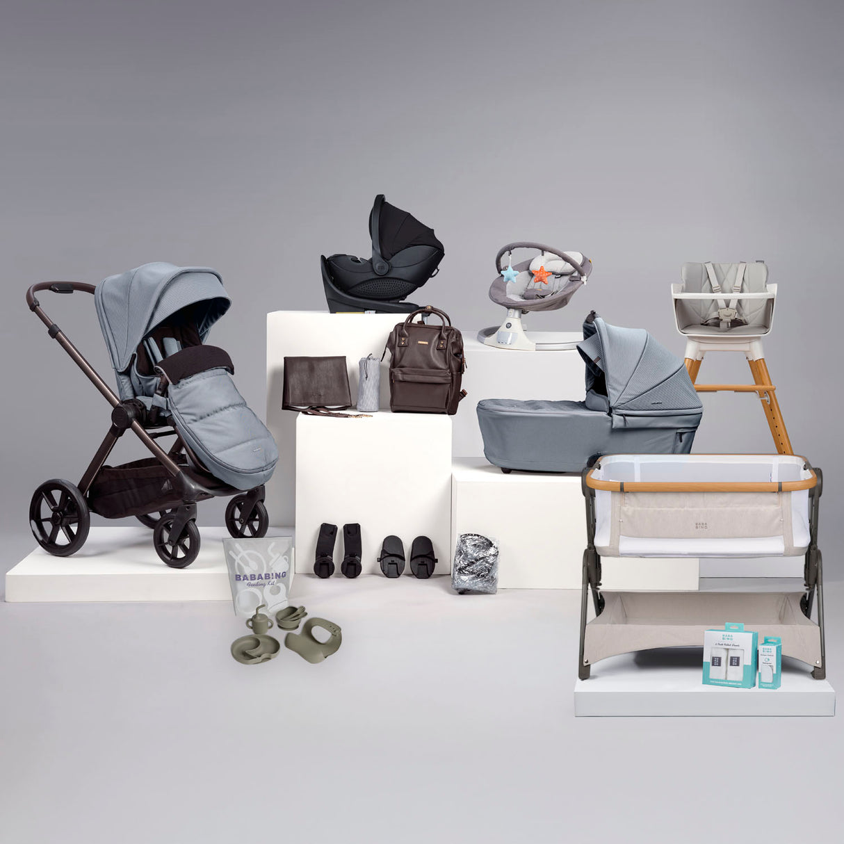 Bababing 18pc Raffi MK11 Home & Travel System, Home & Feeding Bundle with Spin Car Seat & Base - Duck Egg