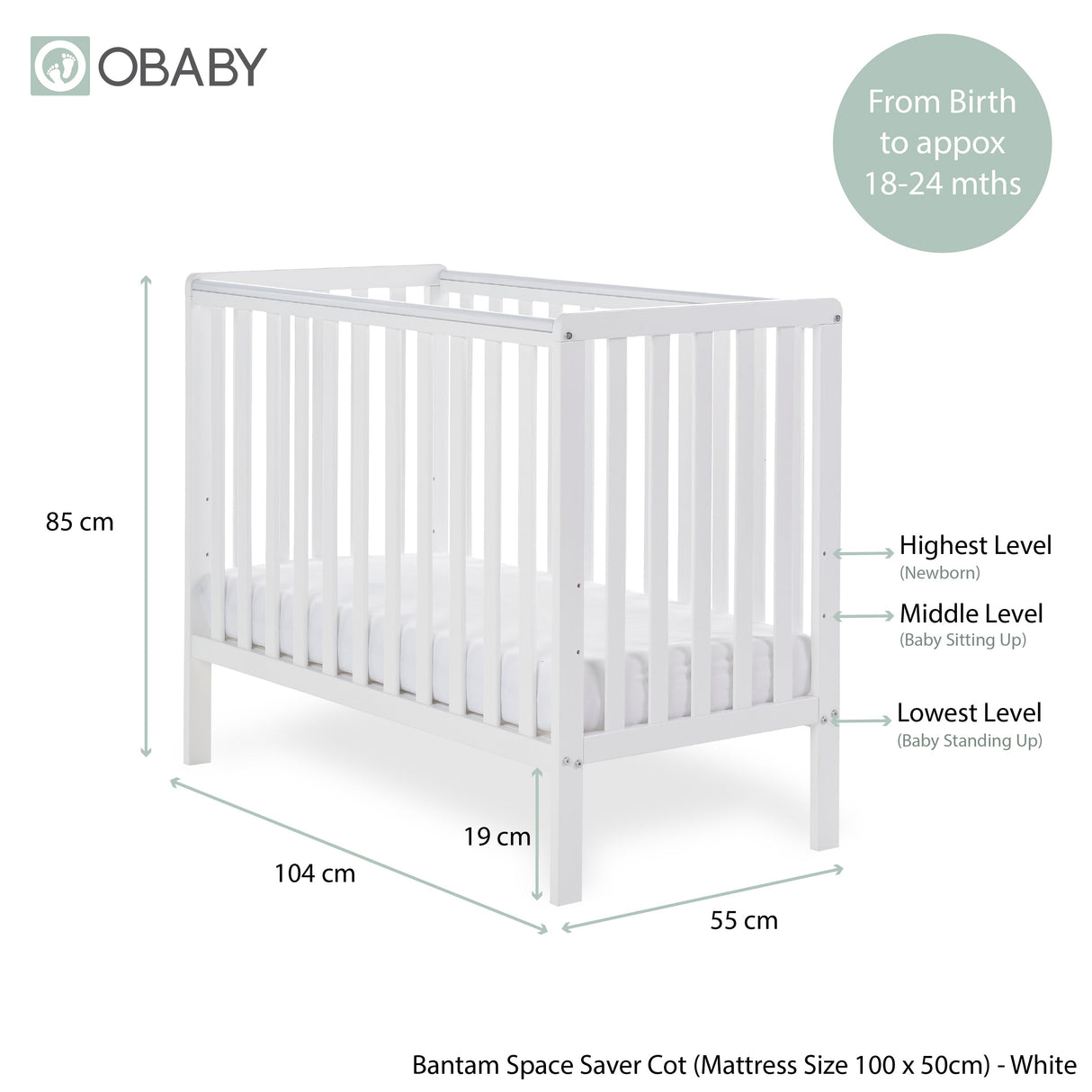 Obaby Bantam Space Saver Cot - White