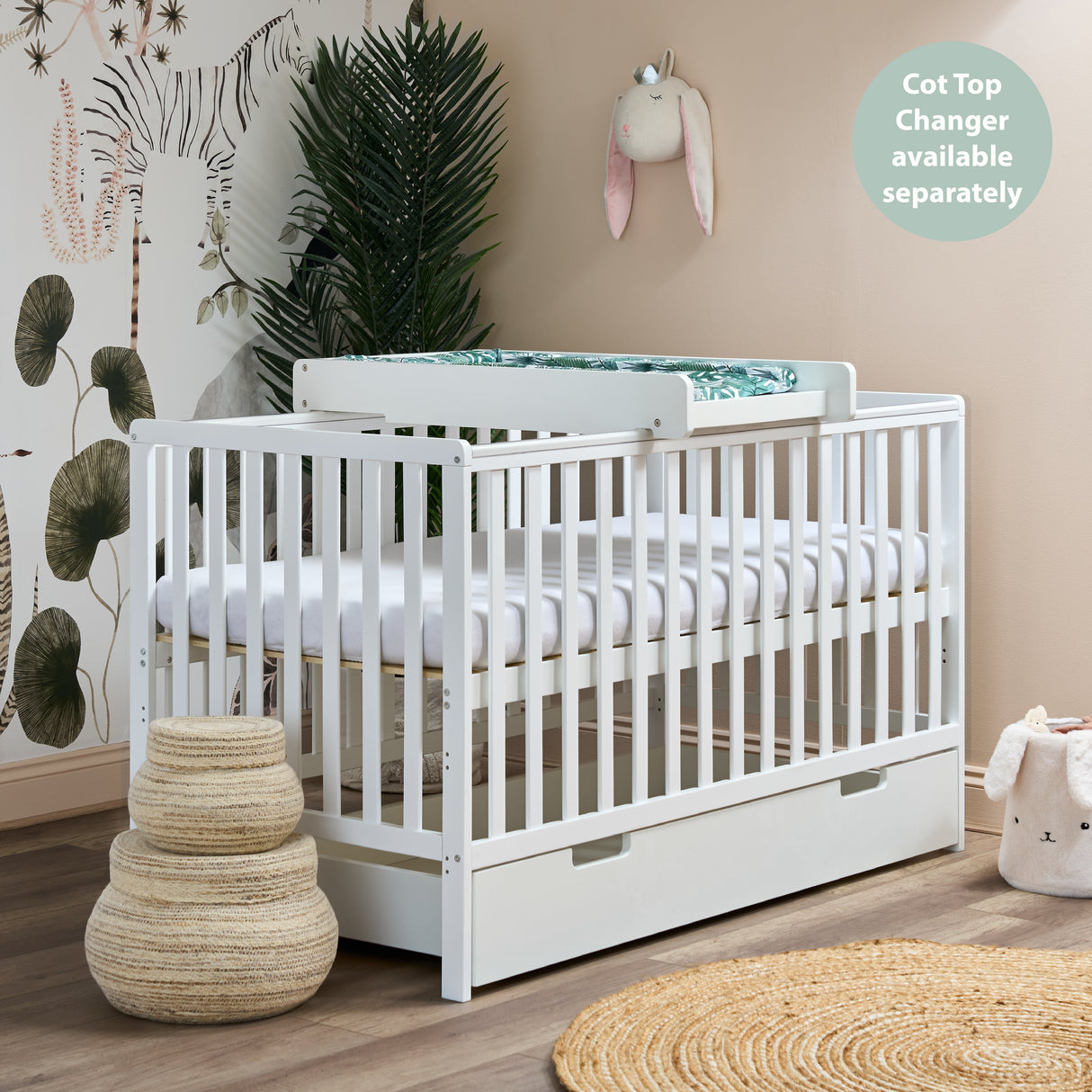 Obaby Bantam Cot Bed, Under Drawer + Fibre Mattress - White
