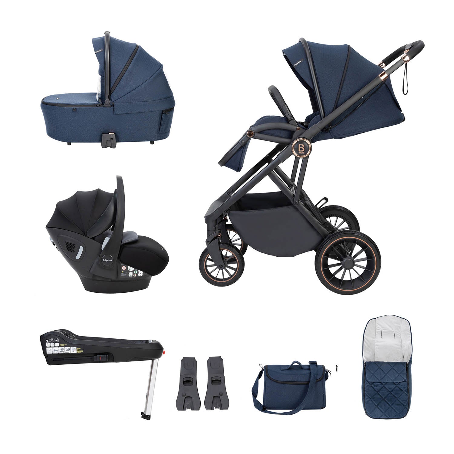 Babymore Chia Travel System + Pecan Car Seat & Base - Midnight Blue