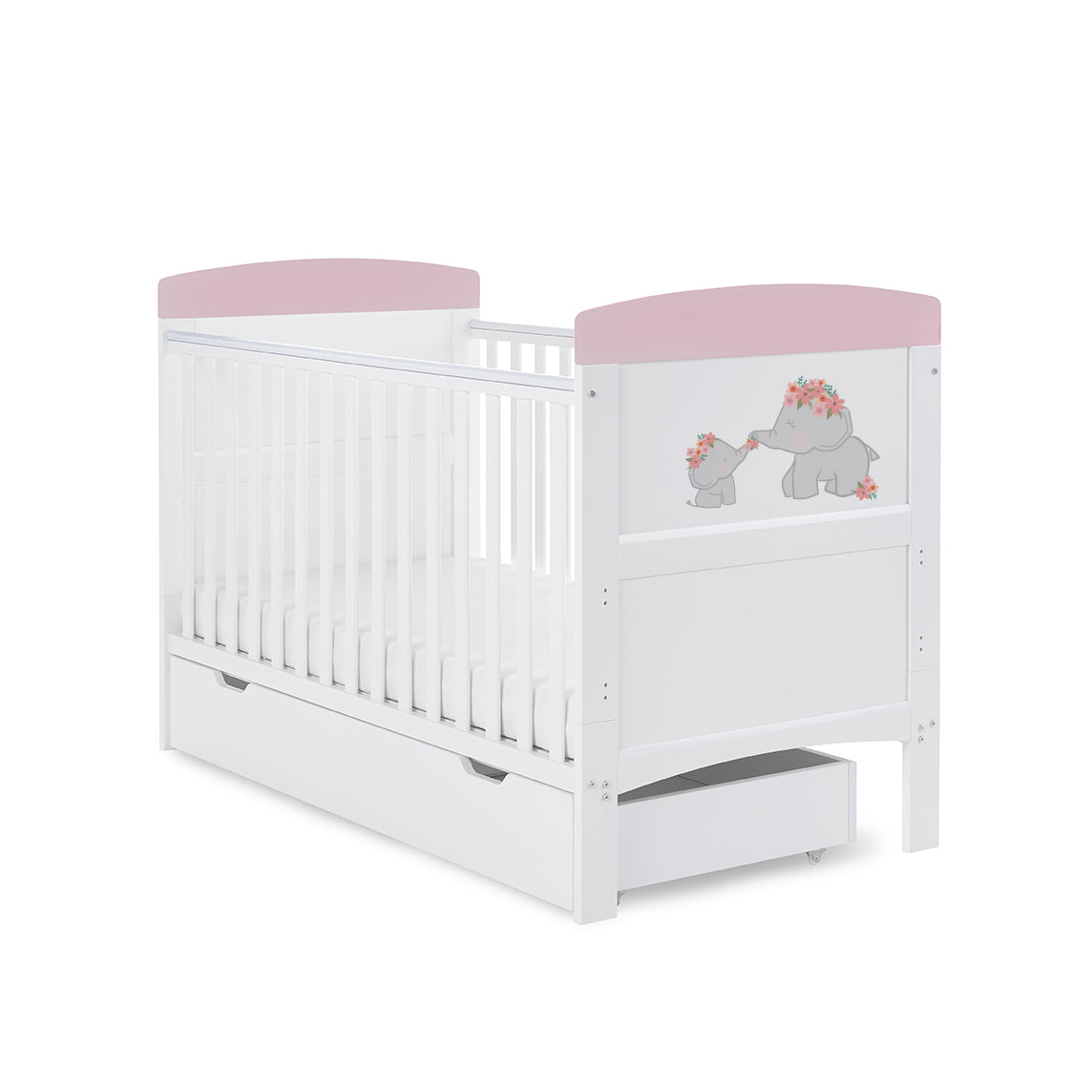 Obaby Grace Inspire Cot Bed & Underdrawer - Me & Mini Me Elephants - Pink