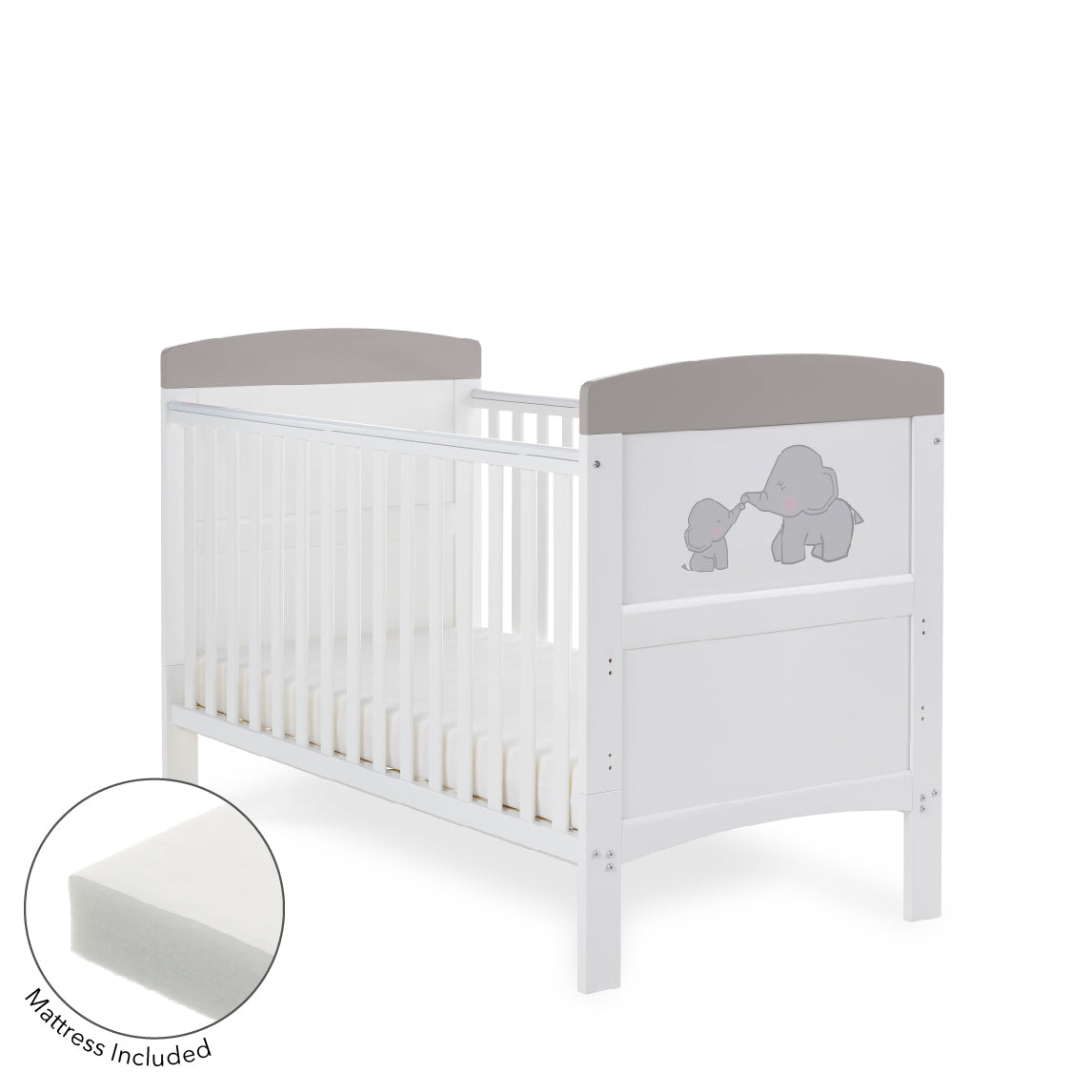 Obaby Grace Inspire Cot Bed & Fibre Mattress - Me & Mini Me Elephants - Grey