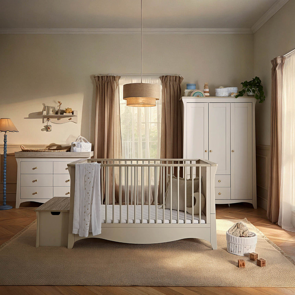 CuddleCo Clara Luxe 3 Piece Nursery Furniture Set (Cot Bed, Dresser & Wardrobe) - Cashmere & Ash